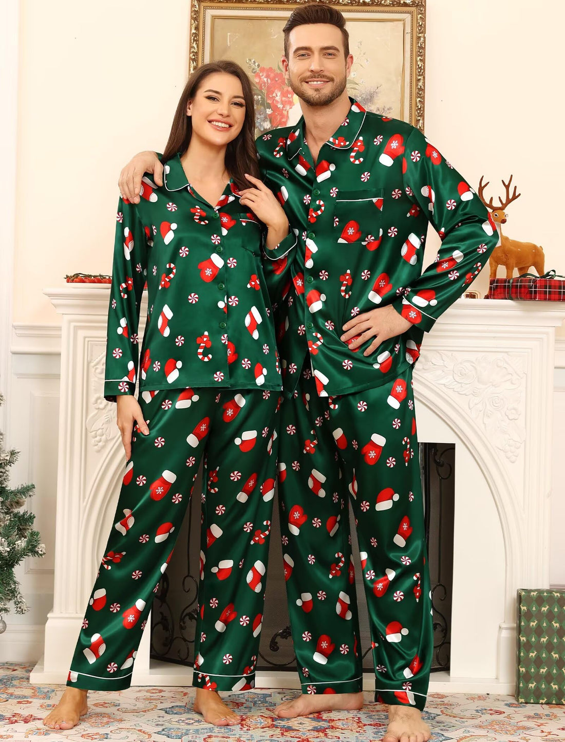 SWOMOG Family Matching Pajama Set 2Pcs Silk Satin Sleepwear Long Sleeve Button Down Loungewear