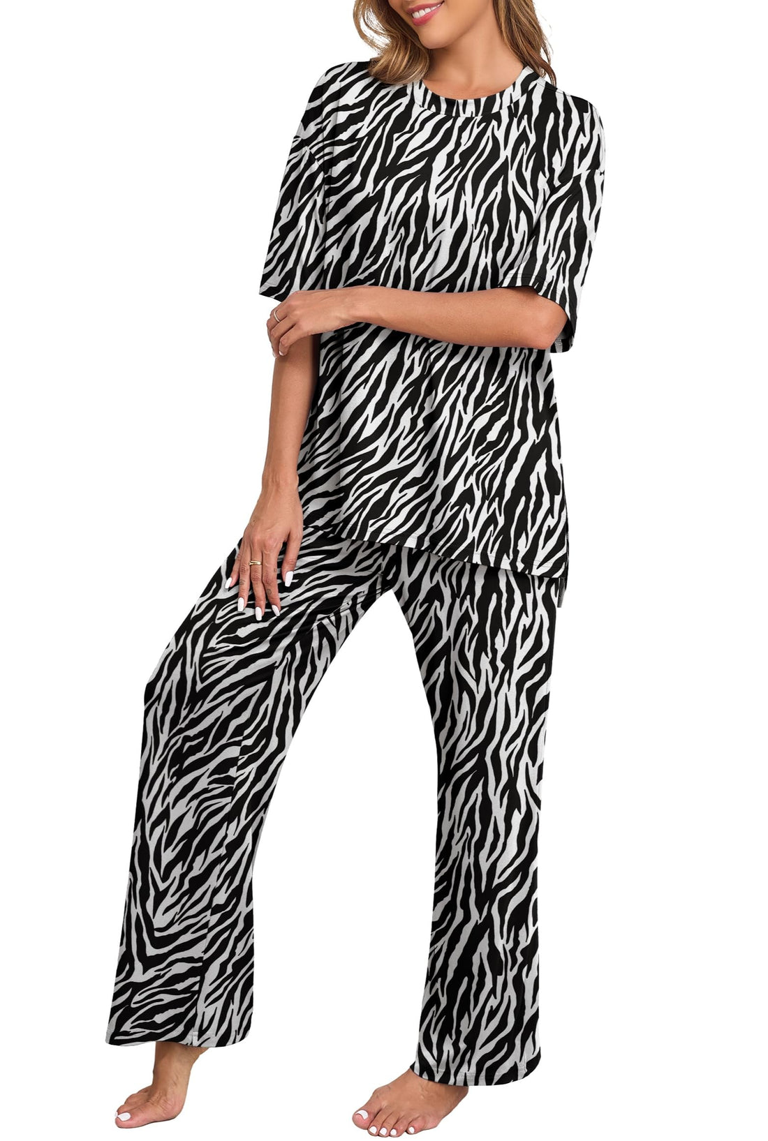PrinStory Womens Pajamas Sets 2 Piece Lounge Set Short Sleeve Tops and Long Pants Soft Pjs Loungewear with Pockets