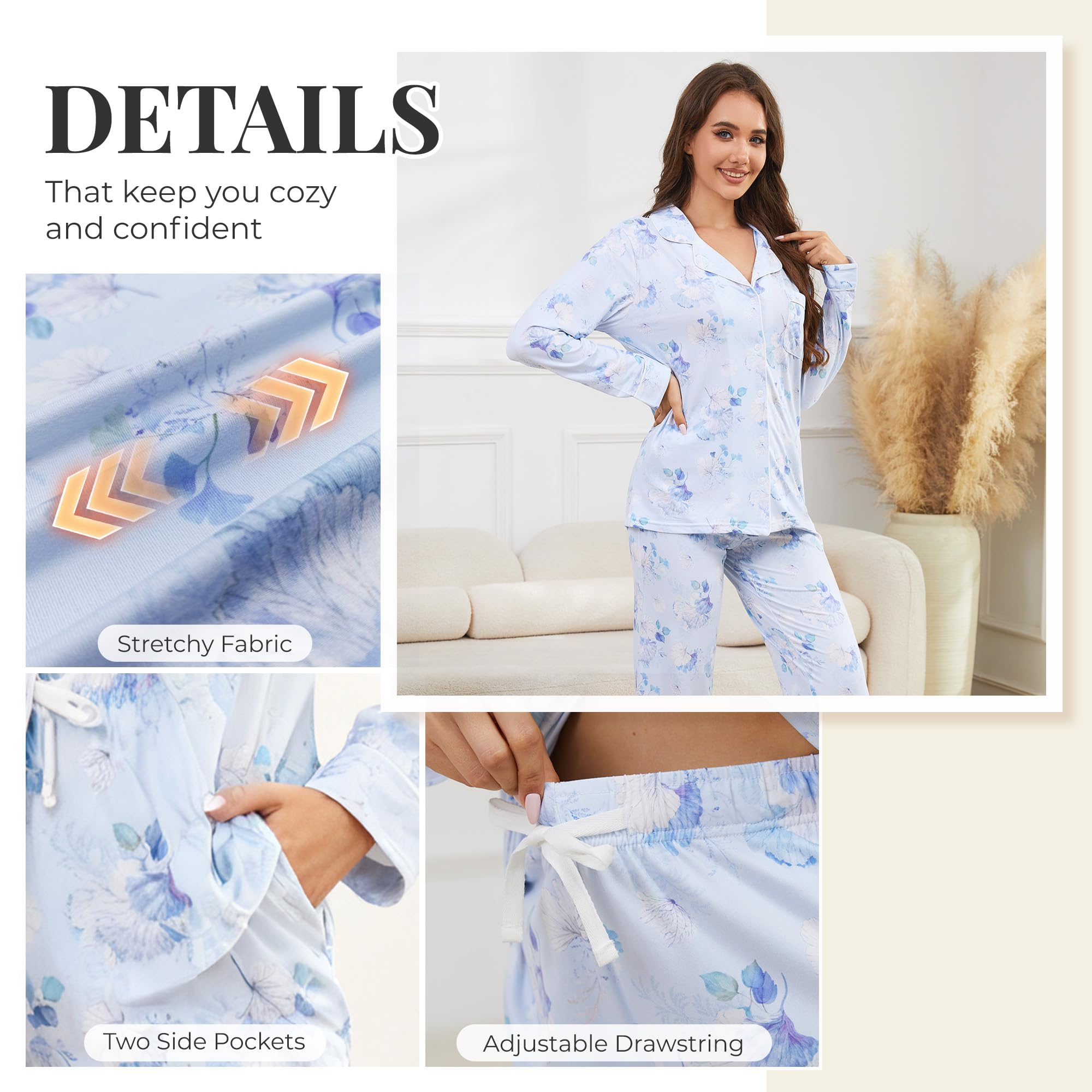 LYCY Womens Pajama Sets Floral Print, Long Sleeve Button Down Pajamas Set for Women Soft Sleepwear Pjs 2 piece Loungewear