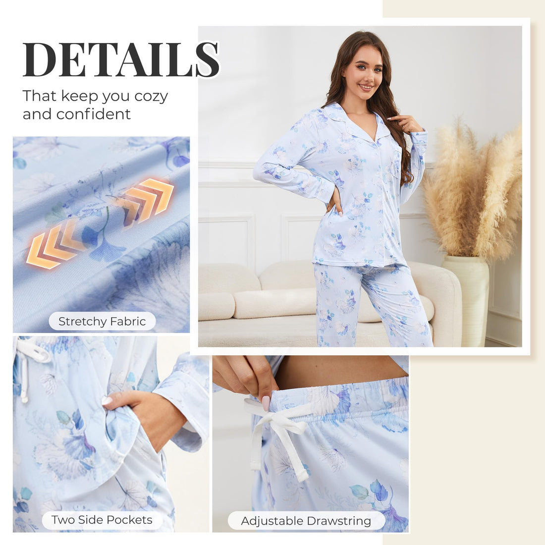 LYCY Womens Pajama Sets Floral Print, Long Sleeve Button Down Pajamas Set for Women Soft Sleepwear Pjs 2 piece Loungewear