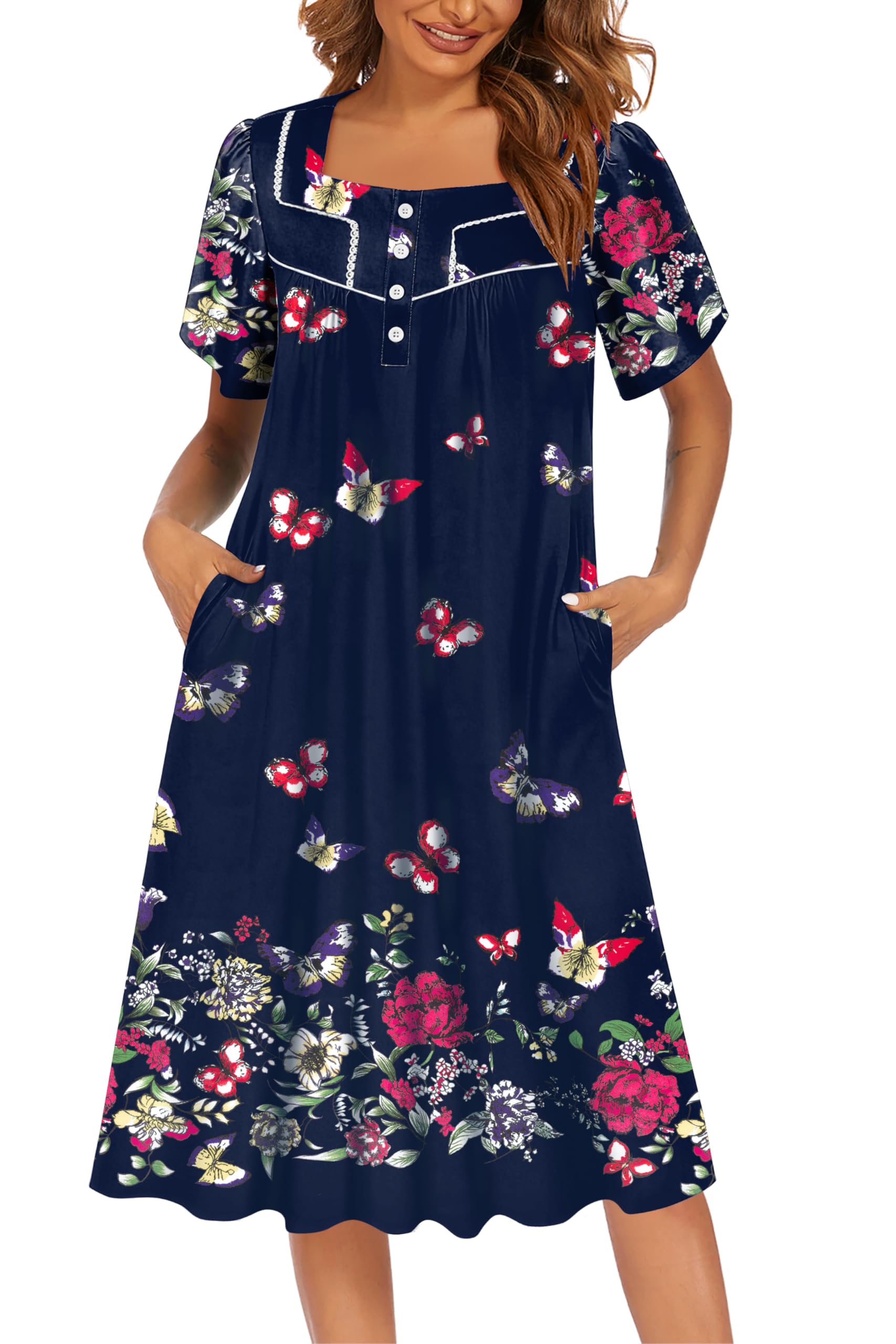 Ekouaer Women's House Dress with Pockets Moomoo Dresses Short Sleeve Mumu Nightgown Lounge Dress Button Down Sleepwear WEBE CLOTHING