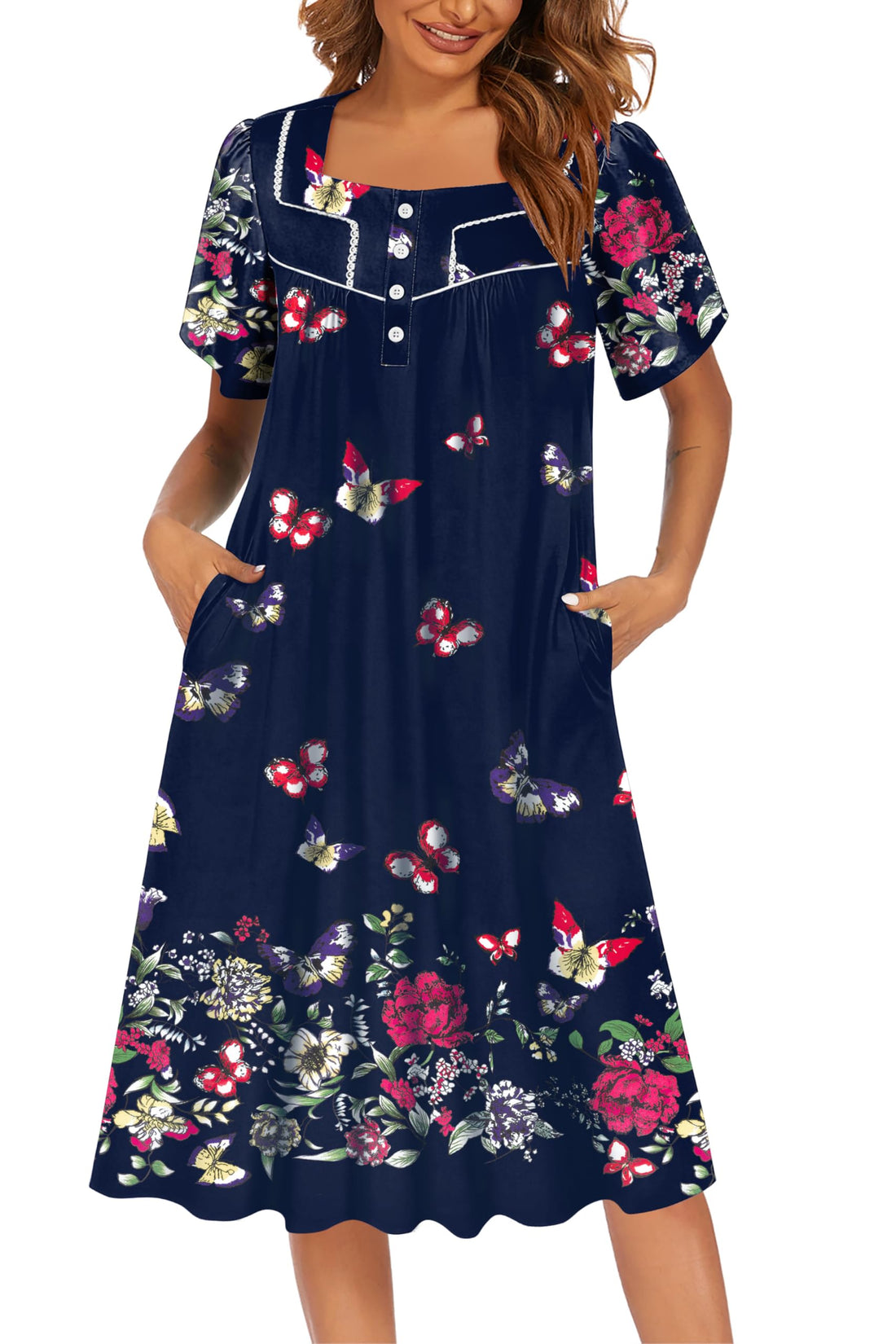 Ekouaer Women's House Dress with Pockets Moomoo Dresses Short Sleeve Mumu Nightgown Lounge Dress Button Down Sleepwear WEBE CLOTHING