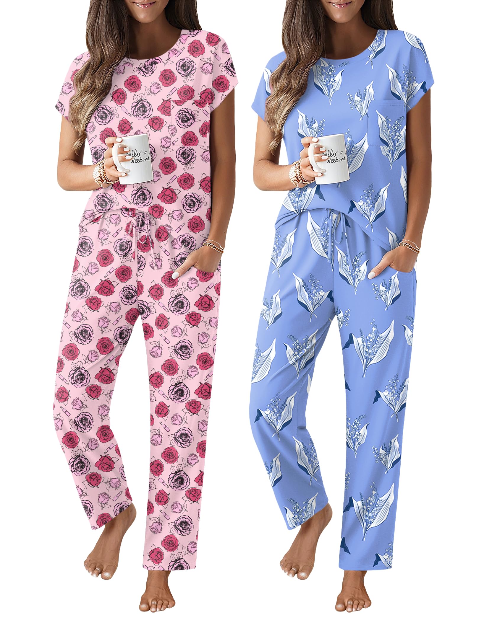 Ekouaer 2 Packs Pajamas for Women Set Cap Sleeve Top and Pants Soft Sleepwear Comfy Pjs Set with Pockets Loungewear