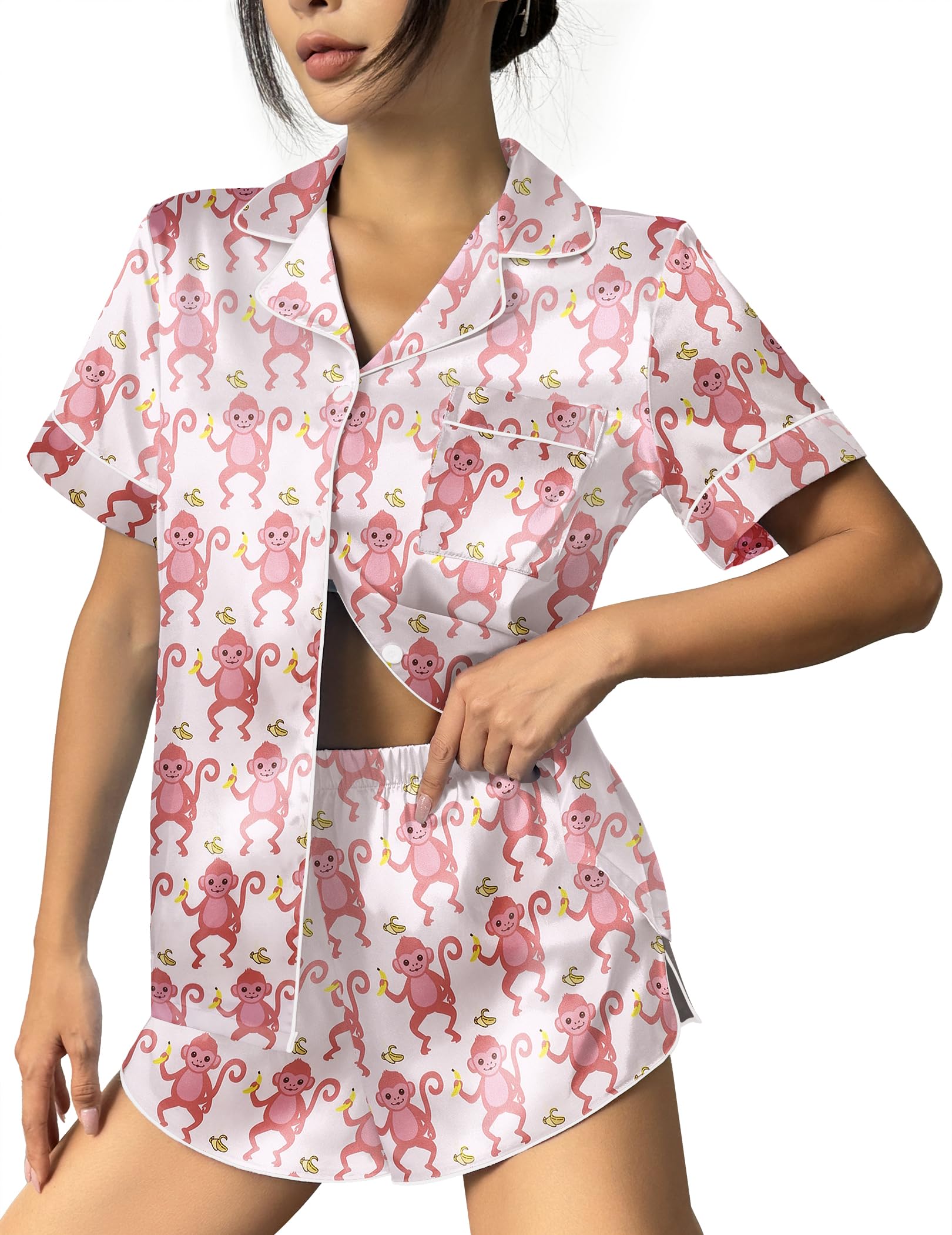 Ekouaer Womens Silk Satin Pajama Set Print Short Sleeve Sleepwear Button Down Pjs Shorts Set Loungewear