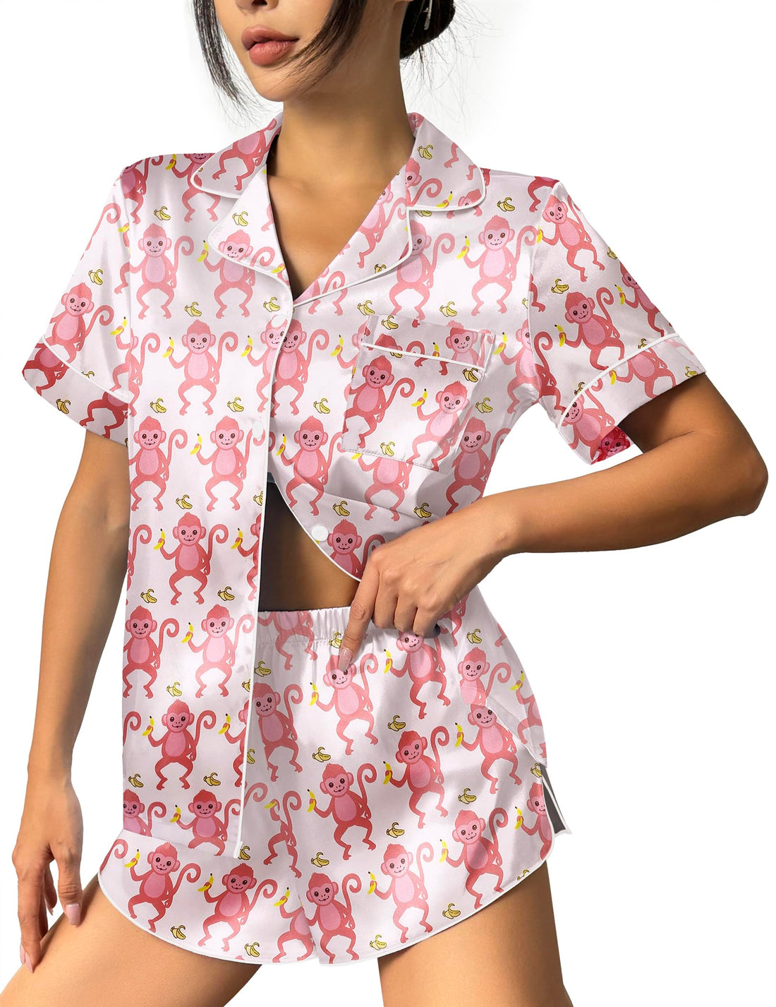 Ekouaer Womens Silk Satin Pajama Set Print Short Sleeve Sleepwear Button Down Pjs Shorts Set Loungewear