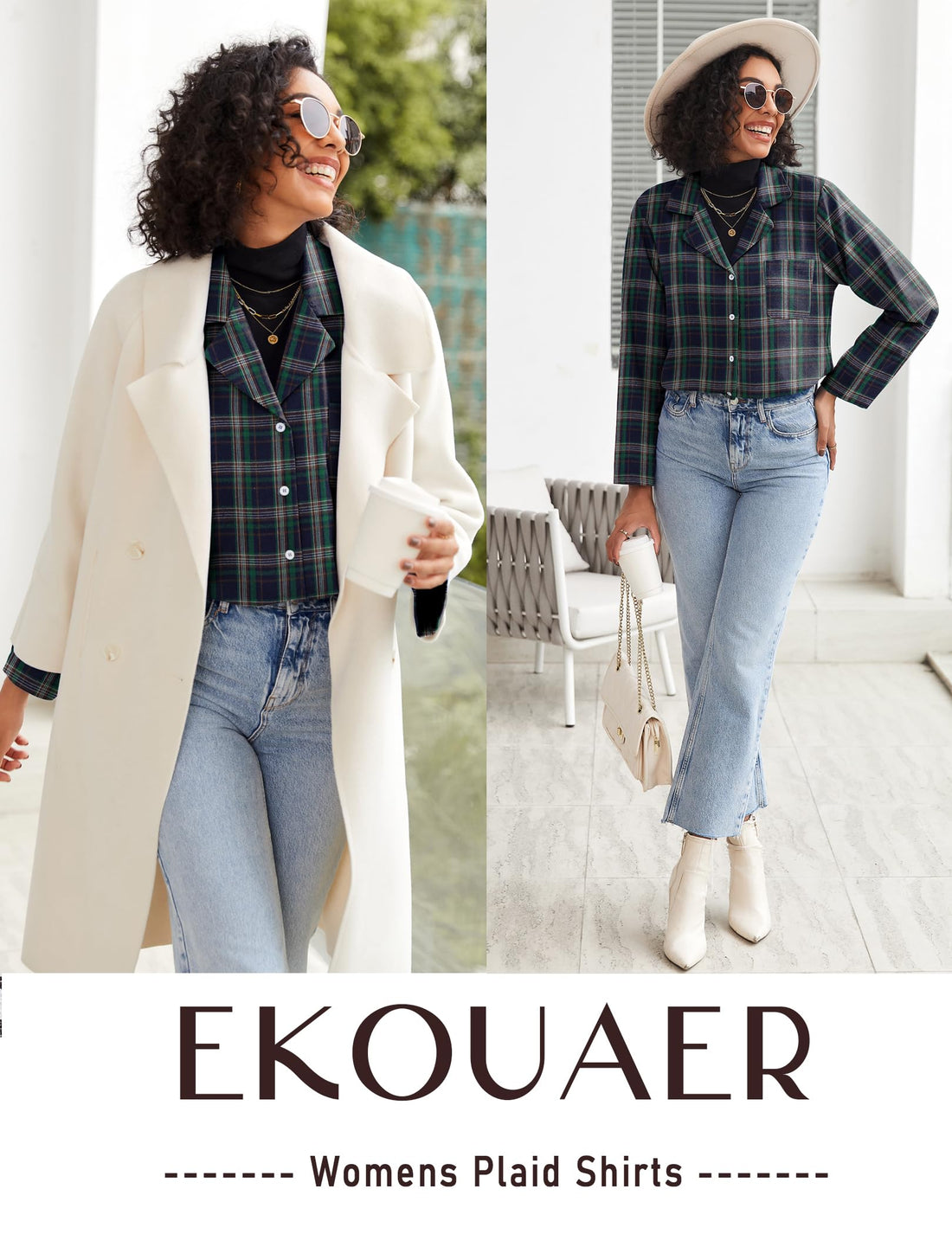 Ekouaer Womens Pajama Sets 2 Piece Cotton Plaid Pjs Long Sleeve Sleepwear Button Down Lounge Set with Pockets
