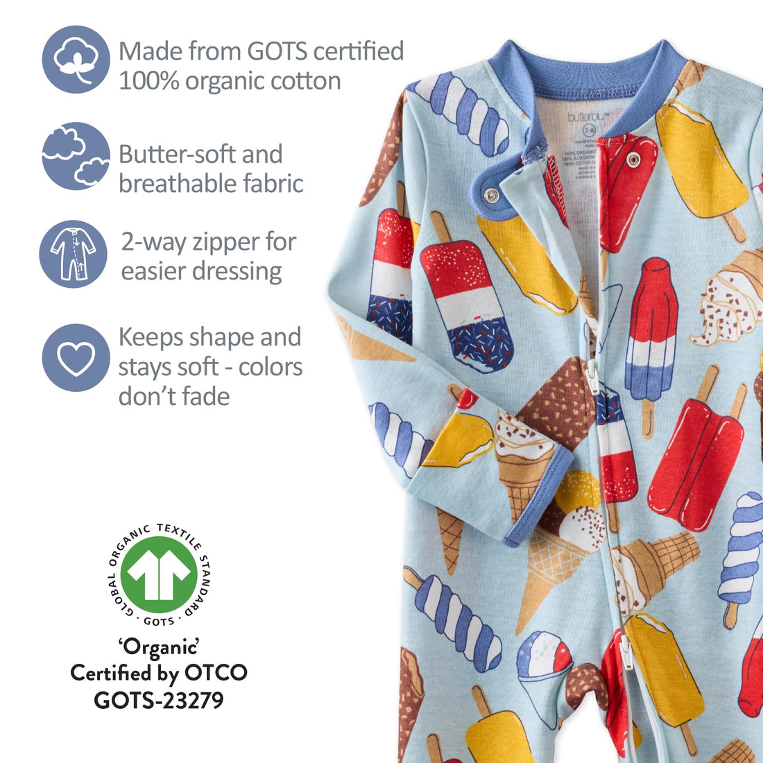 Butterblu Shadow Sleep & Play Baby Pajamas 100% Organic Cotton Two Way Zipper Sleeper Pajamas for Baby Boys & Girls