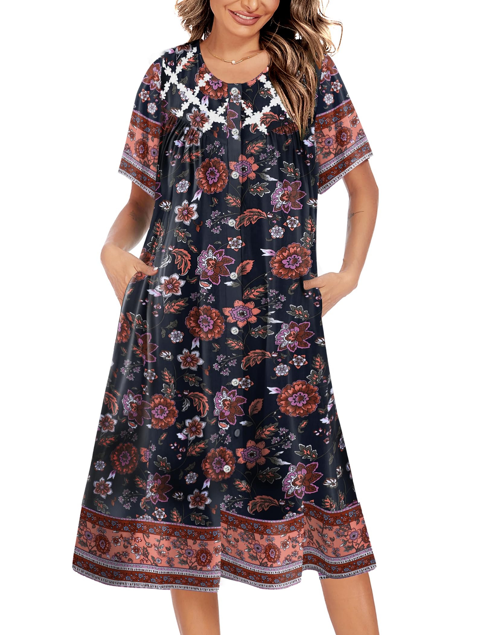 Ekouaer House Dress for Women Button Down Nightgown Short Sleeve Housecoat with pockets S-4XL WEBE CLOTHING