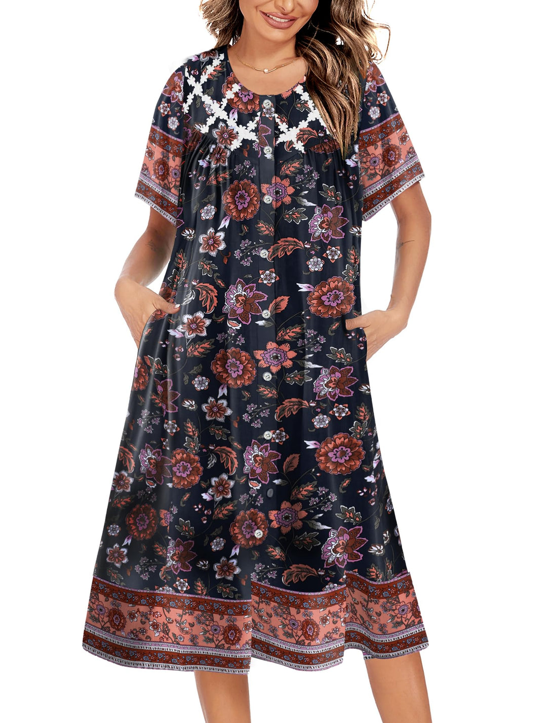 Ekouaer House Dress for Women Button Down Nightgown Short Sleeve Housecoat with pockets S-4XL WEBE CLOTHING