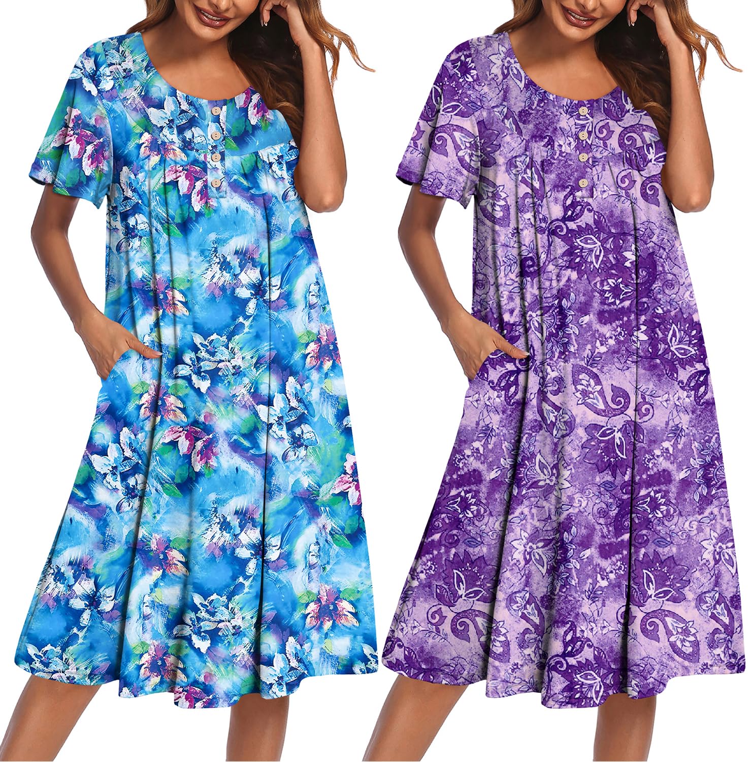 Ekouaer 2 Pack House Dresses for Women with Pockets Short Sleeve Moo Moos | Ruffle Sleeve Mumu Dress, Soft Button Front Nightgown, Two Side Pockets, Comfy Sleepwear, Perfect for Your Mom, Grandma, Gift WEBE CLOTHING