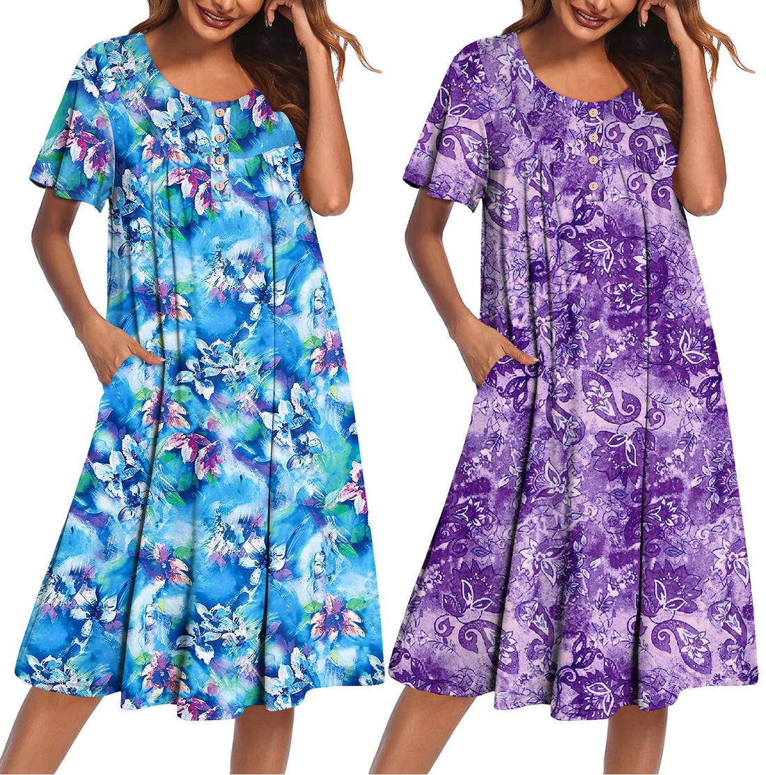 Ekouaer 2 Pack House Dresses for Women with Pockets Short Sleeve Moo Moos | Ruffle Sleeve Mumu Dress, Soft Button Front Nightgown, Two Side Pockets, Comfy Sleepwear, Perfect for Your Mom, Grandma, Gift WEBE CLOTHING