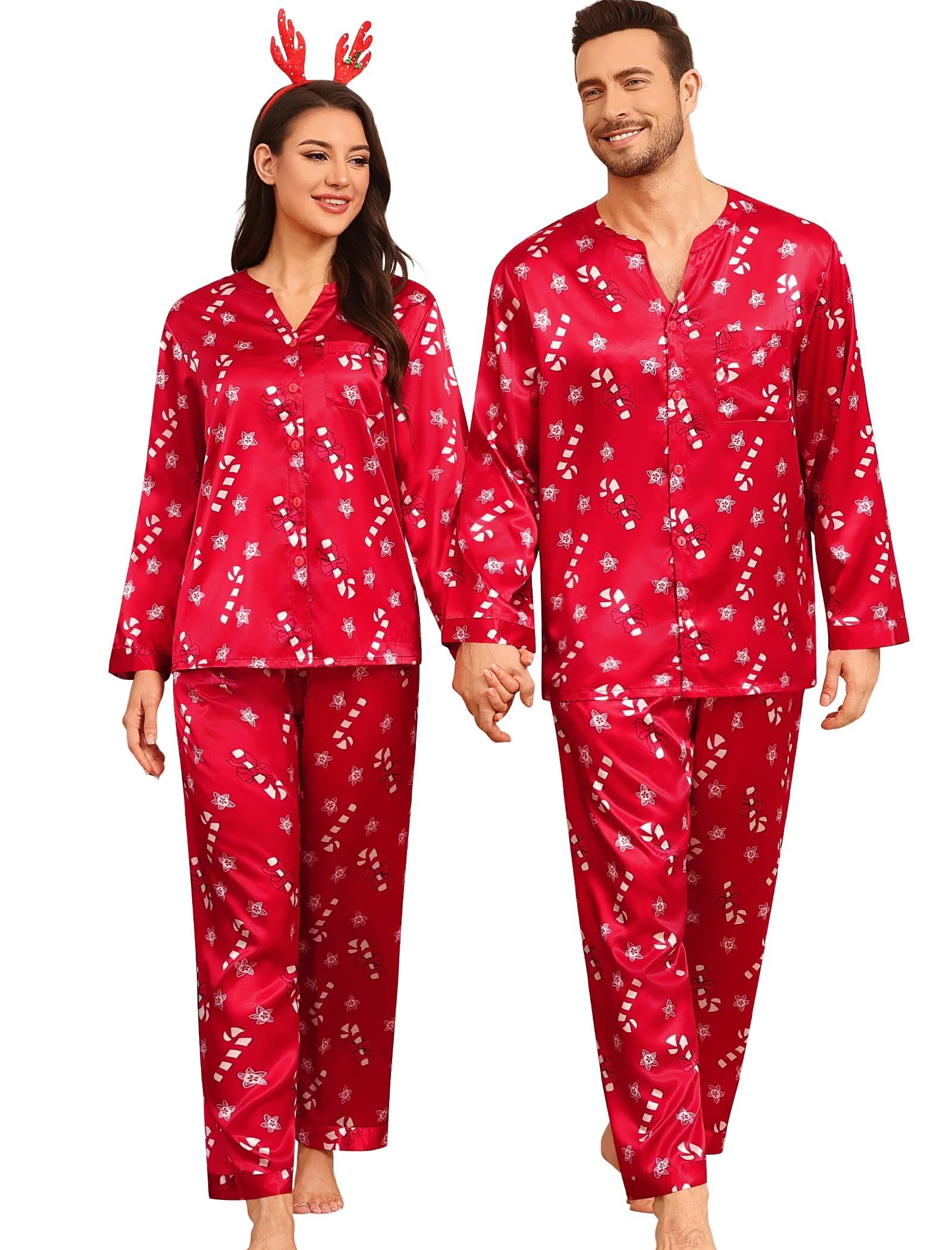 SWOMOG Family Matching Pajama Set 2Pcs Silk Satin Sleepwear Long Sleeve Button Down Loungewear