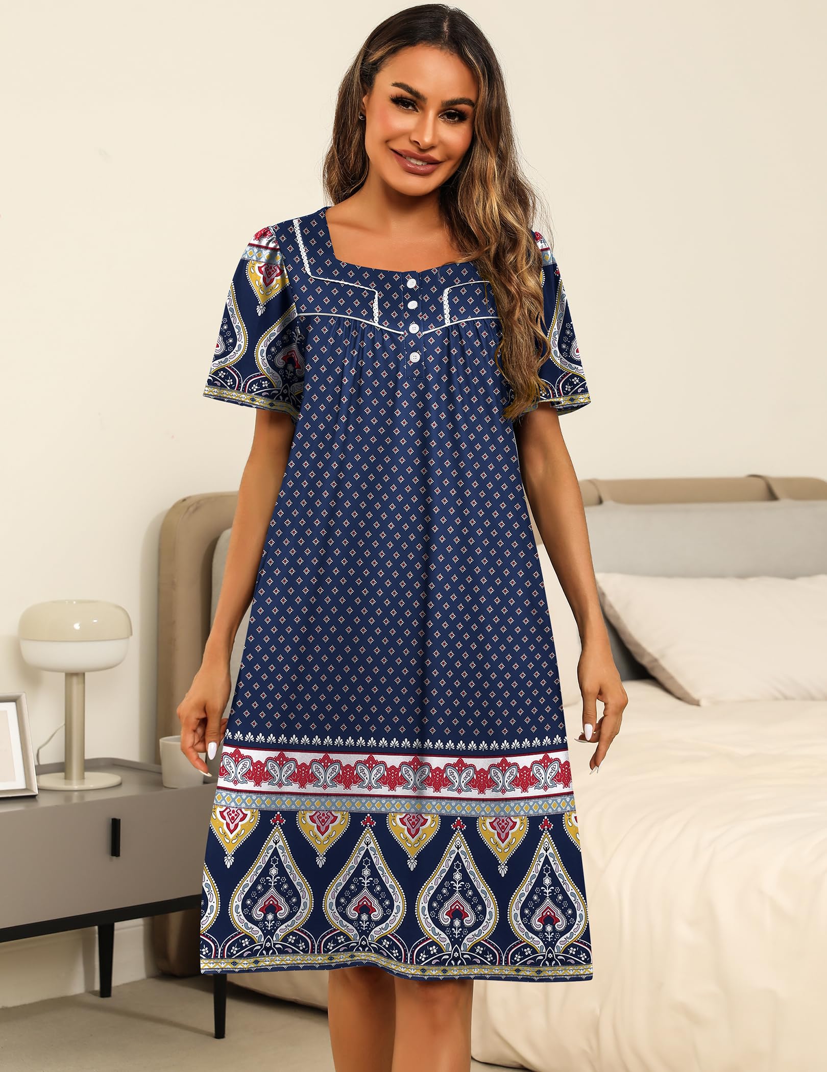 Ekouaer Women's House Dress with Pockets Moomoo Dresses Short Sleeve Mumu Nightgown Lounge Dress Button Down Sleepwear WEBE CLOTHING