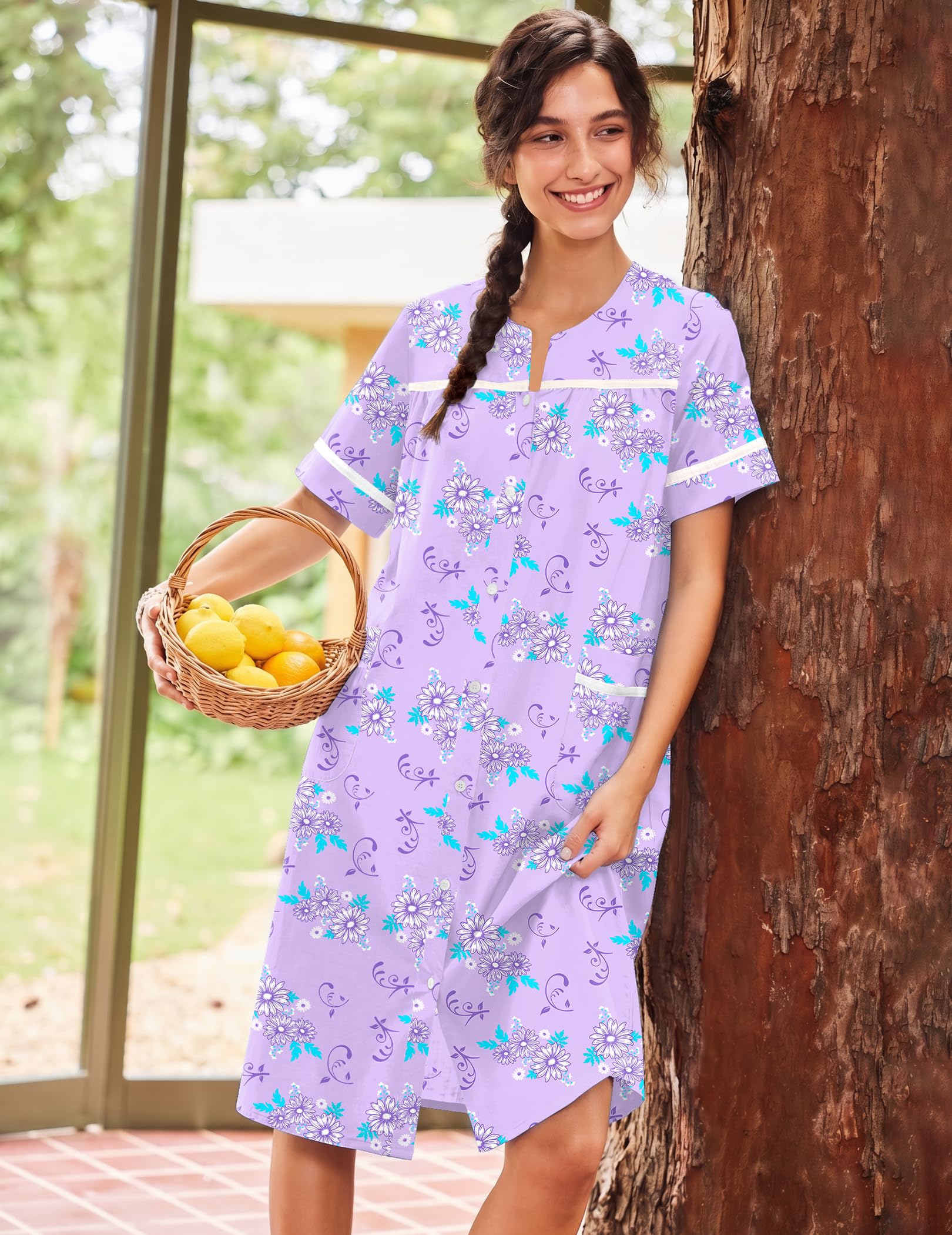 Ekouaer House Dress for Women with Pockets Duster Button Down Nightgown | Nightgowns for Women, Button Dwon House Dress with Pockets, Short Sleeve Duster Housecoat, Moo Moos for Elderly, Mumu Dress WEBE CLOTHING