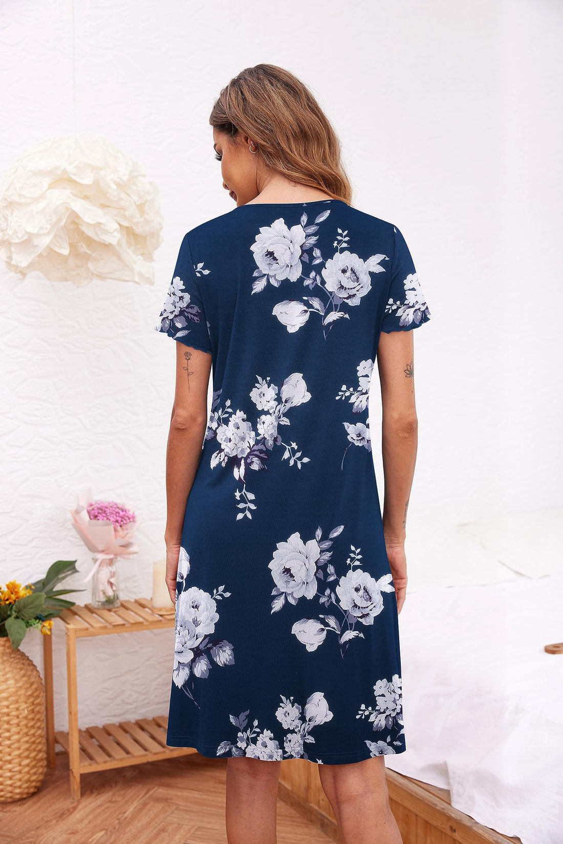 Ekouaer 2 Pack Nightgowns for Women Button Down Night Shirts Short Sleeve Sleep Shirts V Neck Sleepwear Pajama Dress