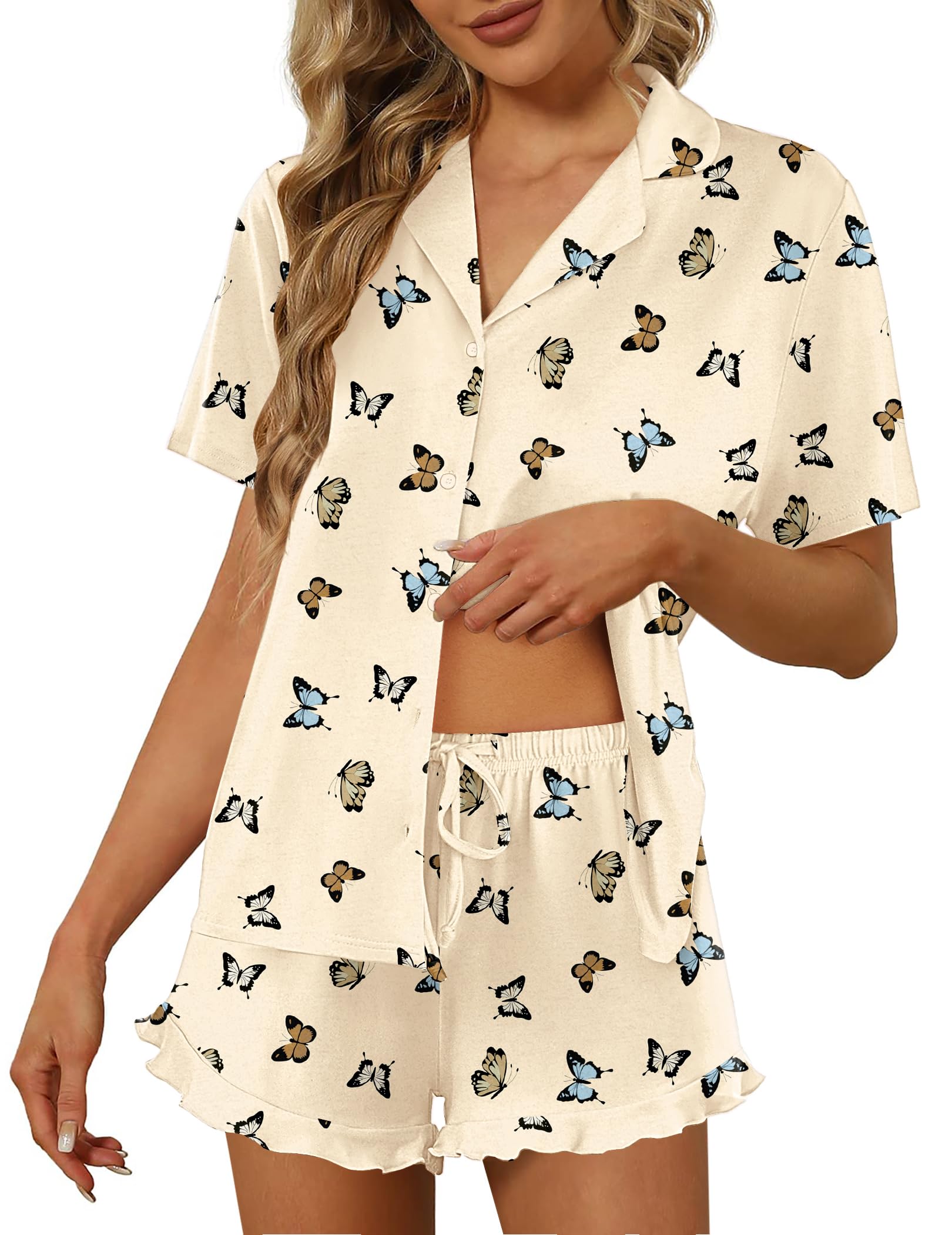 Ekouaer Pajamas Set for Women Short Sleeve Sleepwear Button Down Pjs Lounge Sets Soft Nightwear