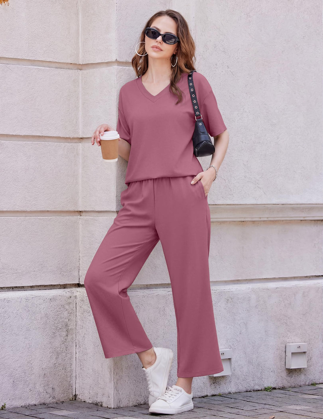 Ekouaer 2 Packs Lounge Sets for Women Short Sleeve Pajamas Set V Neck Top and Long Pants Comfy Pjs Outifts with Pockets