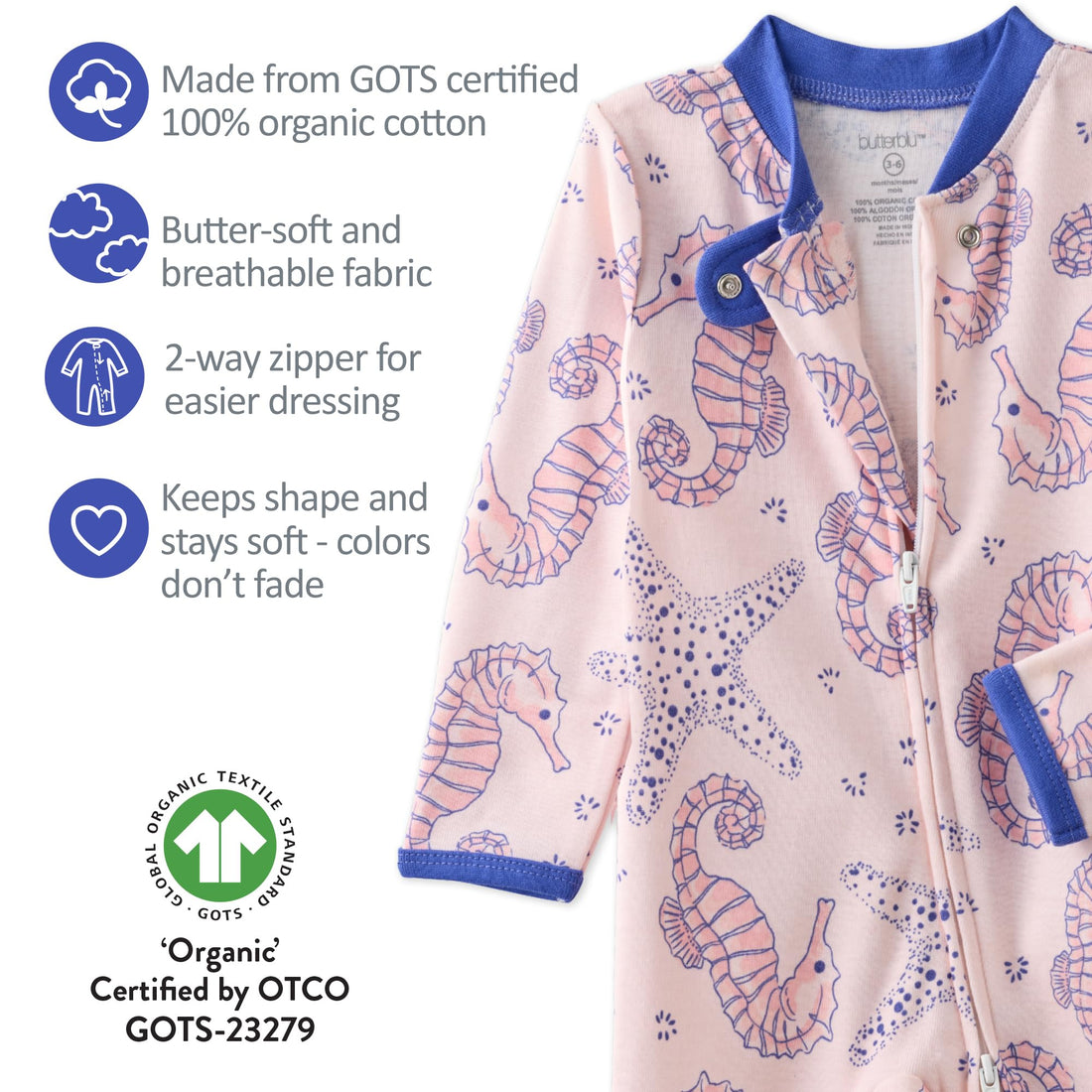 Butterblu Shadow Sleep & Play Baby Pajamas 100% Organic Cotton Two Way Zipper Sleeper Pajamas for Baby Boys & Girls