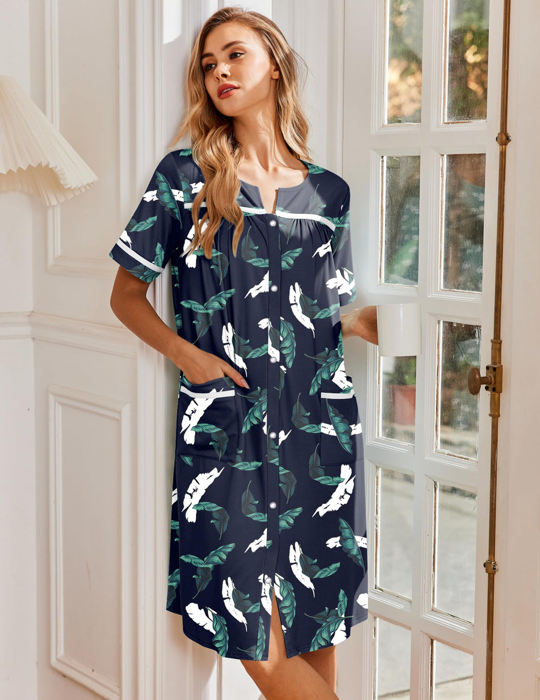 Ekouaer Nightgowns for Women House Dress with Pockets Snap Front House Coat | Duster Mumu Dress, Short Sleeve Moo Moos, Plus Size Sleepwear, Casual Lounge Dress, Labor Delivery Gown, Daily Wear, Home