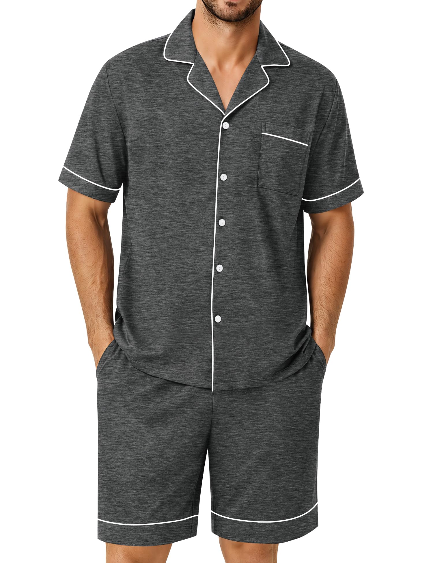 SWOMOG 100% Cotton Mens Pajama Set Short Sleeve Sleepwear Button Down Loungewear 2 PCS Cotton Pjs Set with Pockets WEBE CLOTHING