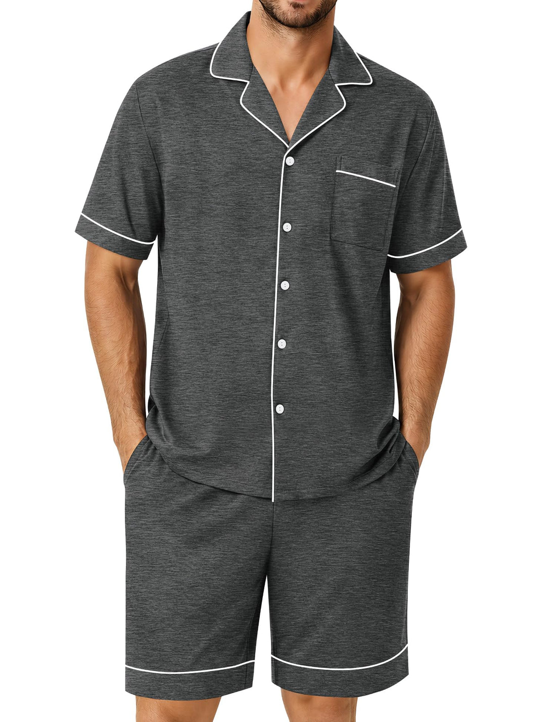 SWOMOG 100% Cotton Mens Pajama Set Short Sleeve Sleepwear Button Down Loungewear 2 PCS Cotton Pjs Set with Pockets WEBE CLOTHING