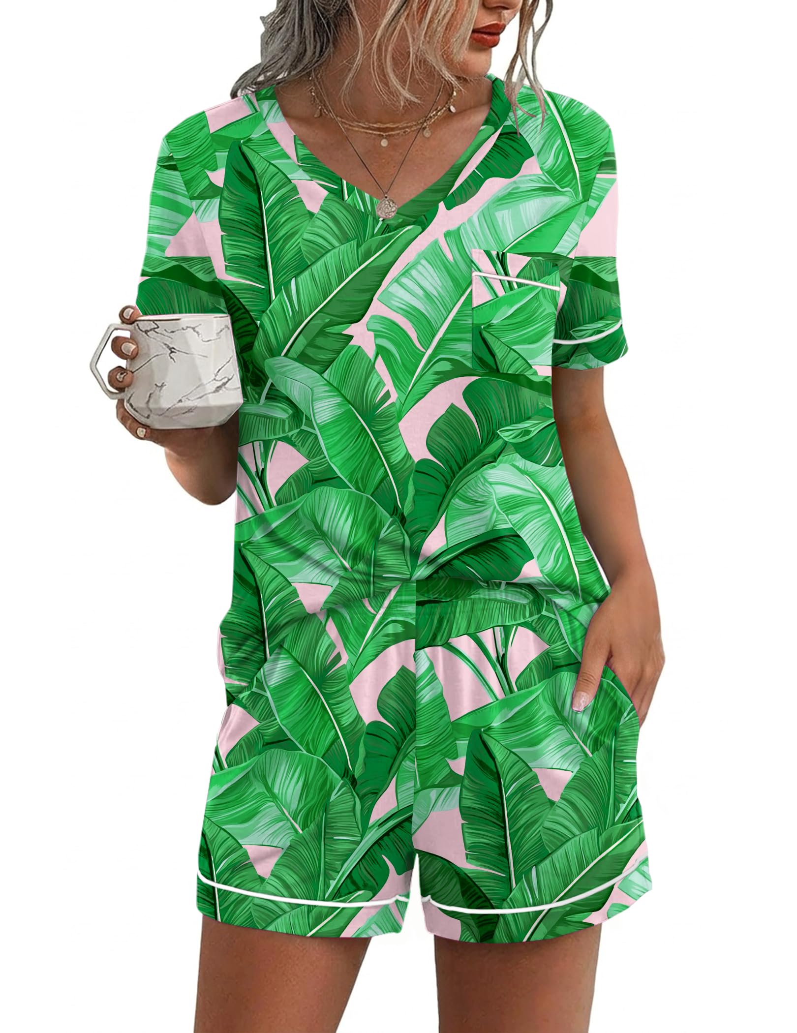 Ekouaer Pajamas for Women Set 2 Piece Short Sleeve Sleepwear Summer Tops and Shorts Pjs Lounge Set S-XXL