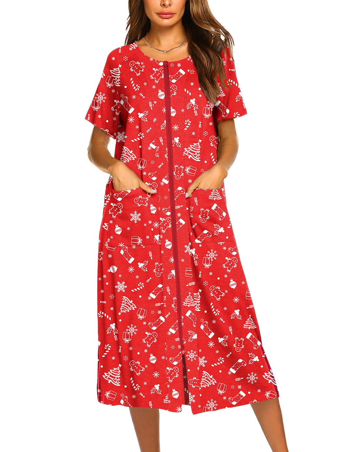 Ekouaer Robes For Women Zipper Bathrobe Short Sleeve Duster With Pockets | Zipper Front House Coat, Lightweight Sleepwear, Plus Size Loungewear, Ladies Nightgown for Mother, Postoperative Gown, Sleep