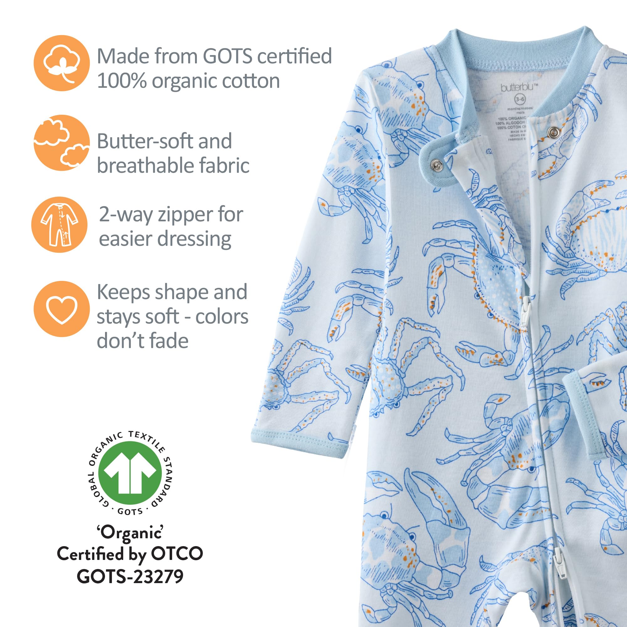 Butterblu Shadow Sleep & Play Baby Pajamas 100% Organic Cotton Two Way Zipper Sleeper Pajamas for Baby Boys & Girls