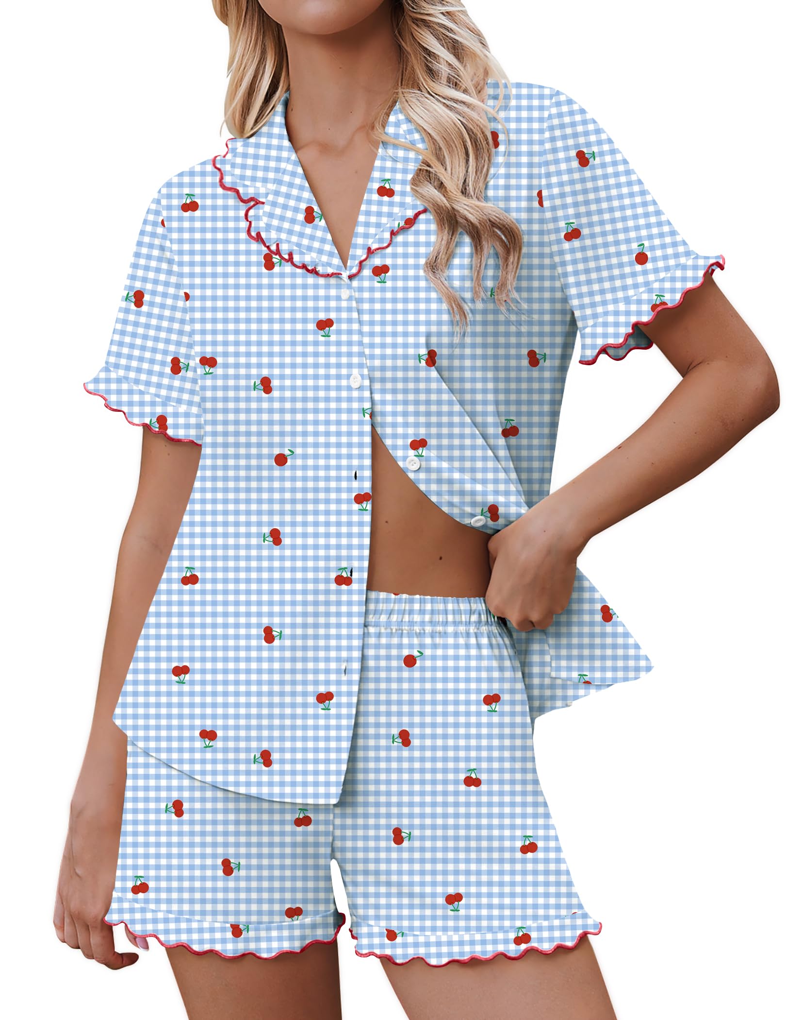 Ekouaer Pajamas for Women Sets Cute Pjs Button Down 2 Piece Short Sleeve Ruffle Lounge Set Sleepwear WEBE CLOTHING