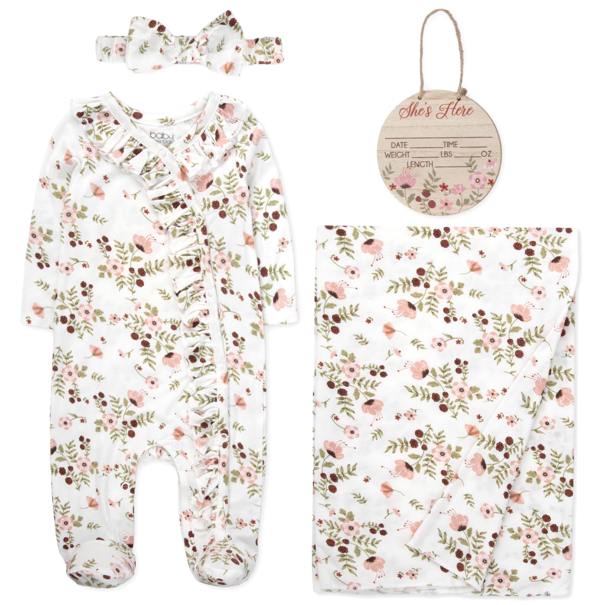 Newborn Baby 4 Piece Coming Home Outfit Gift Set – Footie Sleeper, Blanket, Headband & Ornament for Boys & Girls