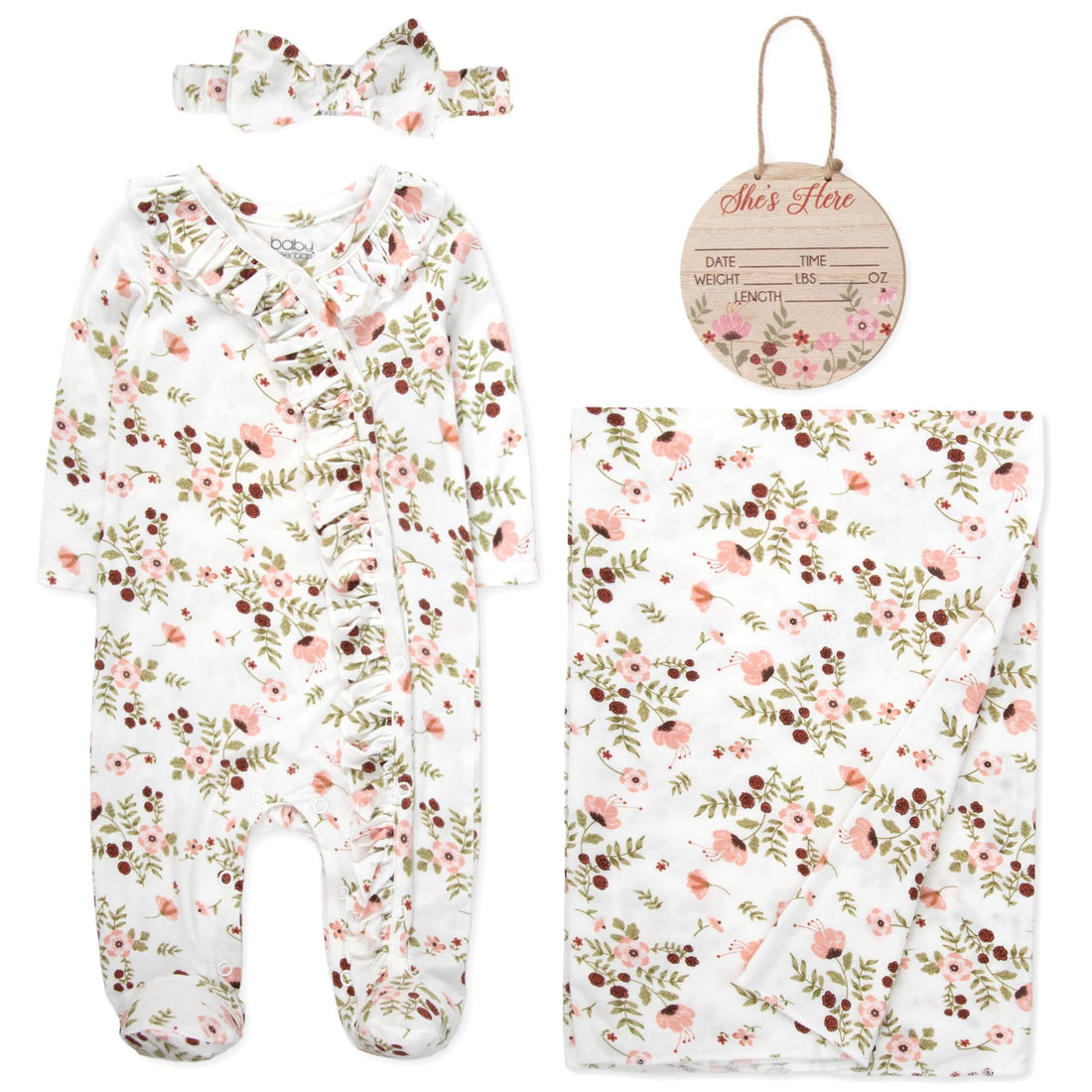 Newborn Baby 4 Piece Coming Home Outfit Gift Set – Footie Sleeper, Blanket, Headband & Ornament for Boys & Girls