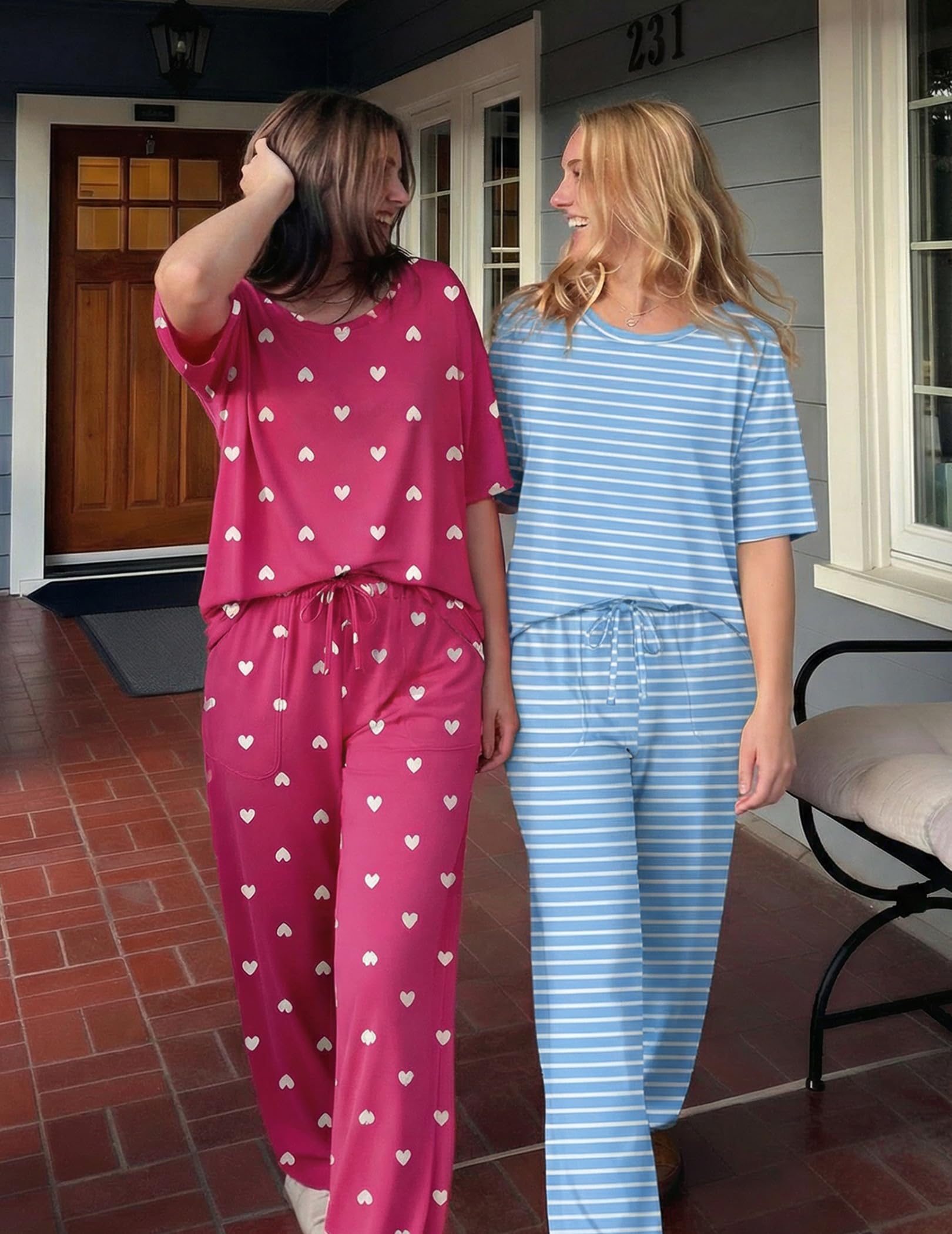 Ekouaer 2 Pack Womens Pajama Sets Short Sleeve Tops and Long Pants Casual Comfy Pjs Lounge Set with Pockets,S-XXL WEBE CLOTHING
