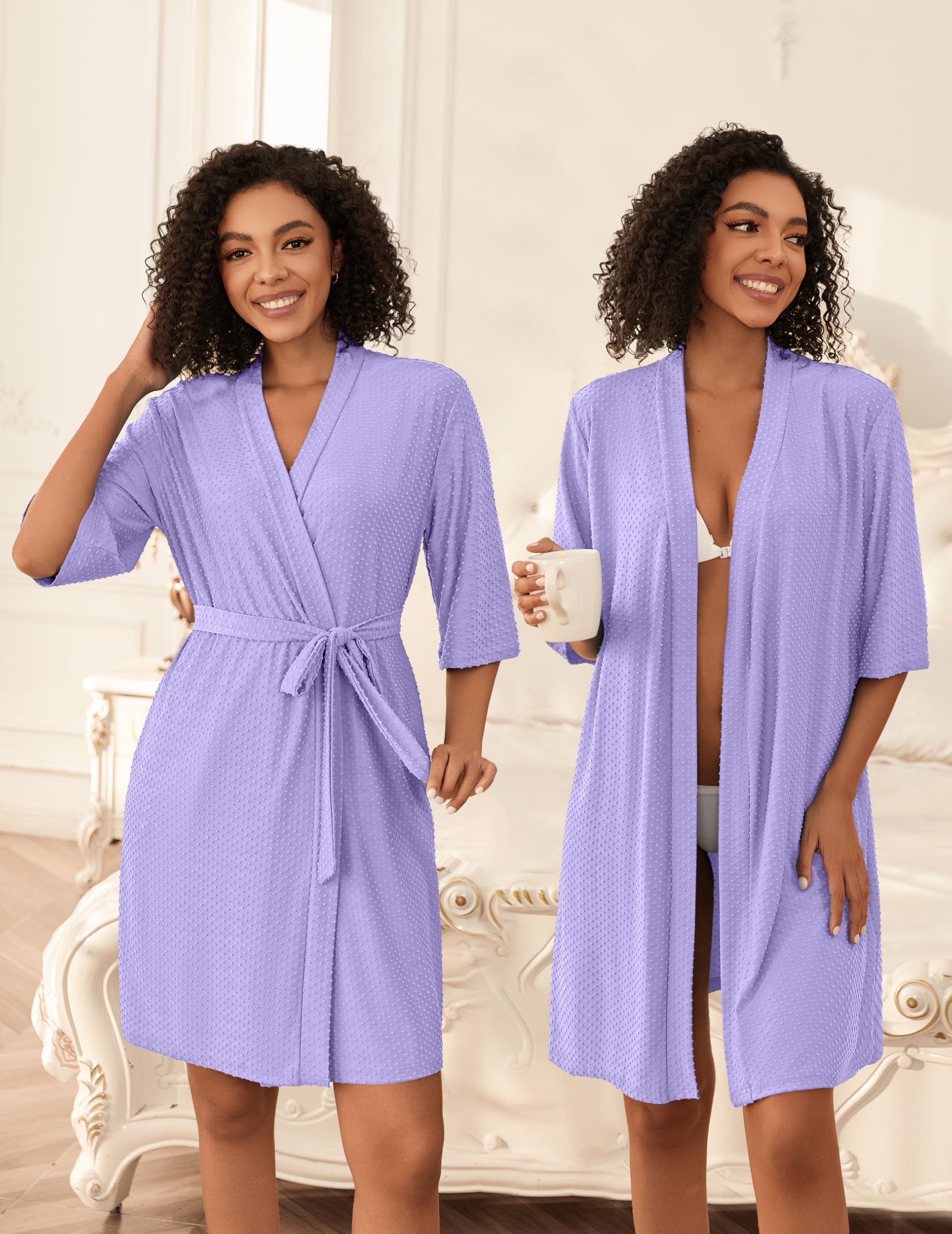 Ekouaer Short Robes for Women Lightweight Bathrobe Kimono Robes Knee Length 3/4 Sleeve Swiss Polka Dot Soft Robe with Pockets