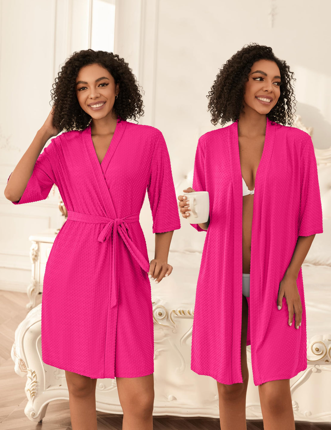 Ekouaer Short Robes for Women Lightweight Bathrobe Kimono Robes Knee Length 3/4 Sleeve Swiss Polka Dot Soft Robe with Pockets