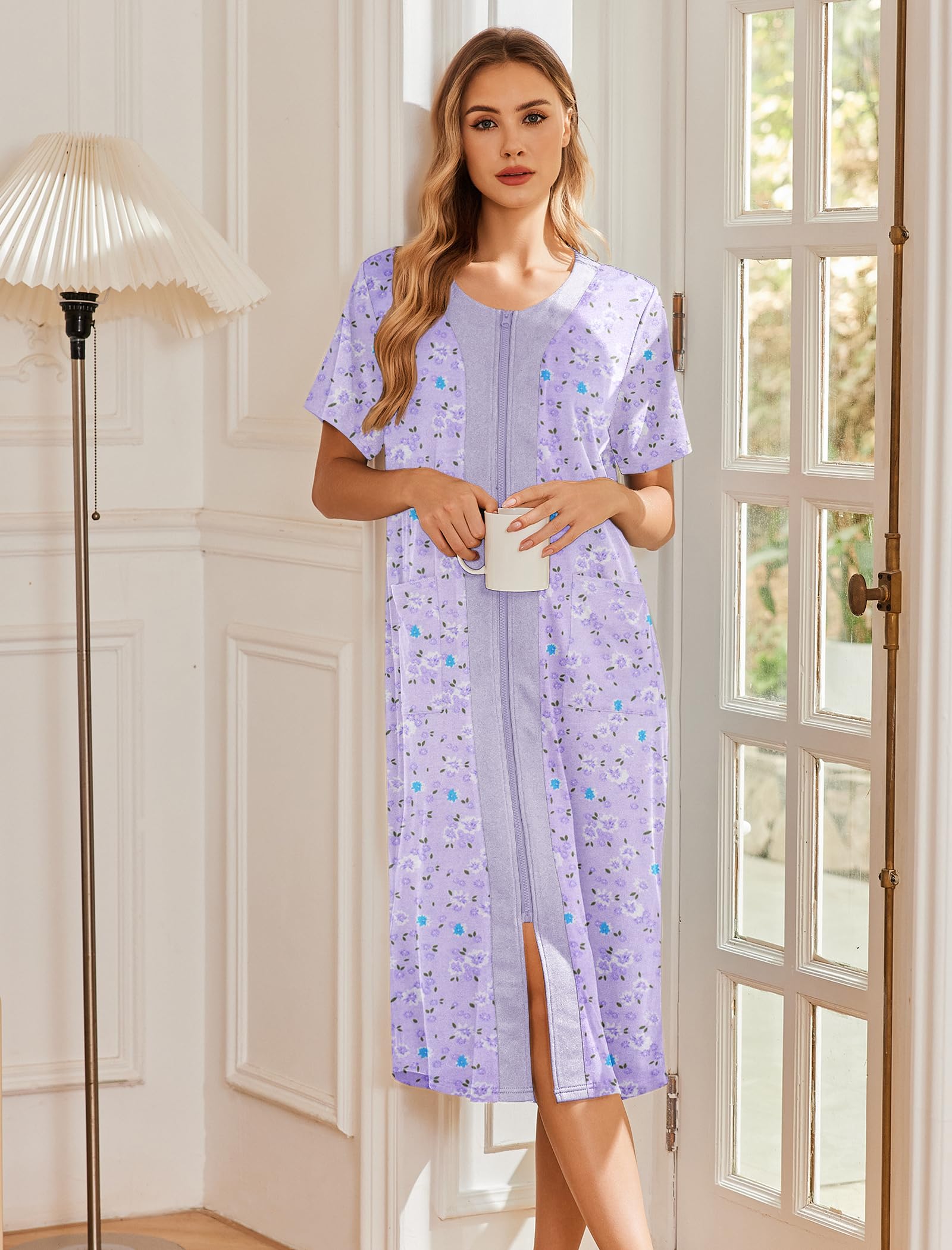 Ekouaer Robes For Women Zipper Bathrobe Short Sleeve Duster With Pockets | Zipper Front House Coat, Lightweight Sleepwear, Plus Size Loungewear, Ladies Nightgown for Mother, Postoperative Gown, Sleep