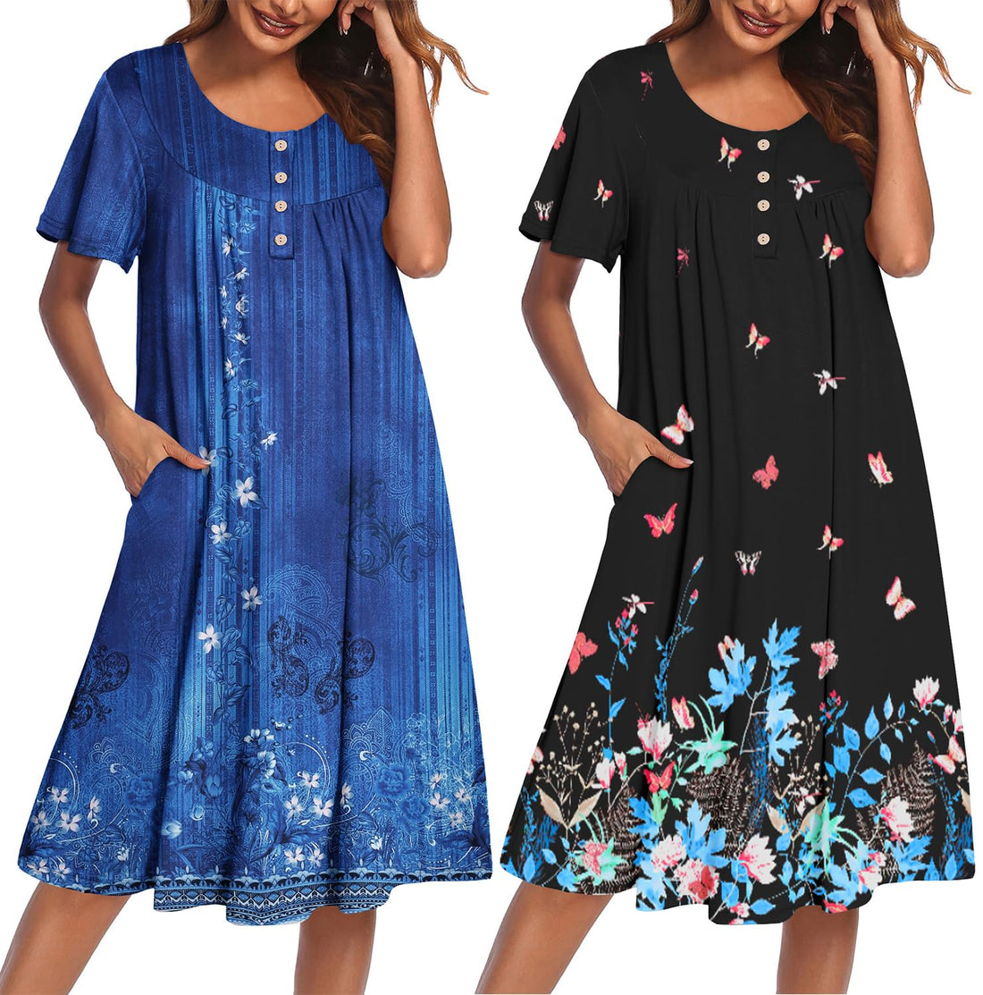 Ekouaer 2 Pack House Dresses for Women with Pockets Short Sleeve Moo Moos | Ruffle Sleeve Mumu Dress, Soft Button Front Nightgown, Two Side Pockets, Comfy Sleepwear, Perfect for Your Mom, Grandma, Gift WEBE CLOTHING