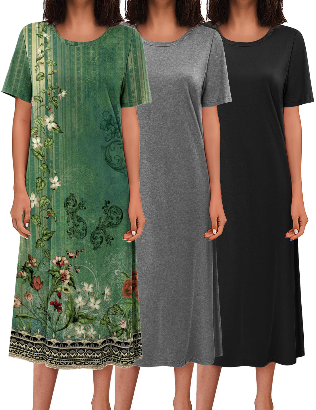 Ekouaer 3 Pack Long Nightgowns for Women Full Length Short Sleeve Nightshirt Soft Plus Size Sleepwear Casual Loungwear WEBE CLOTHING