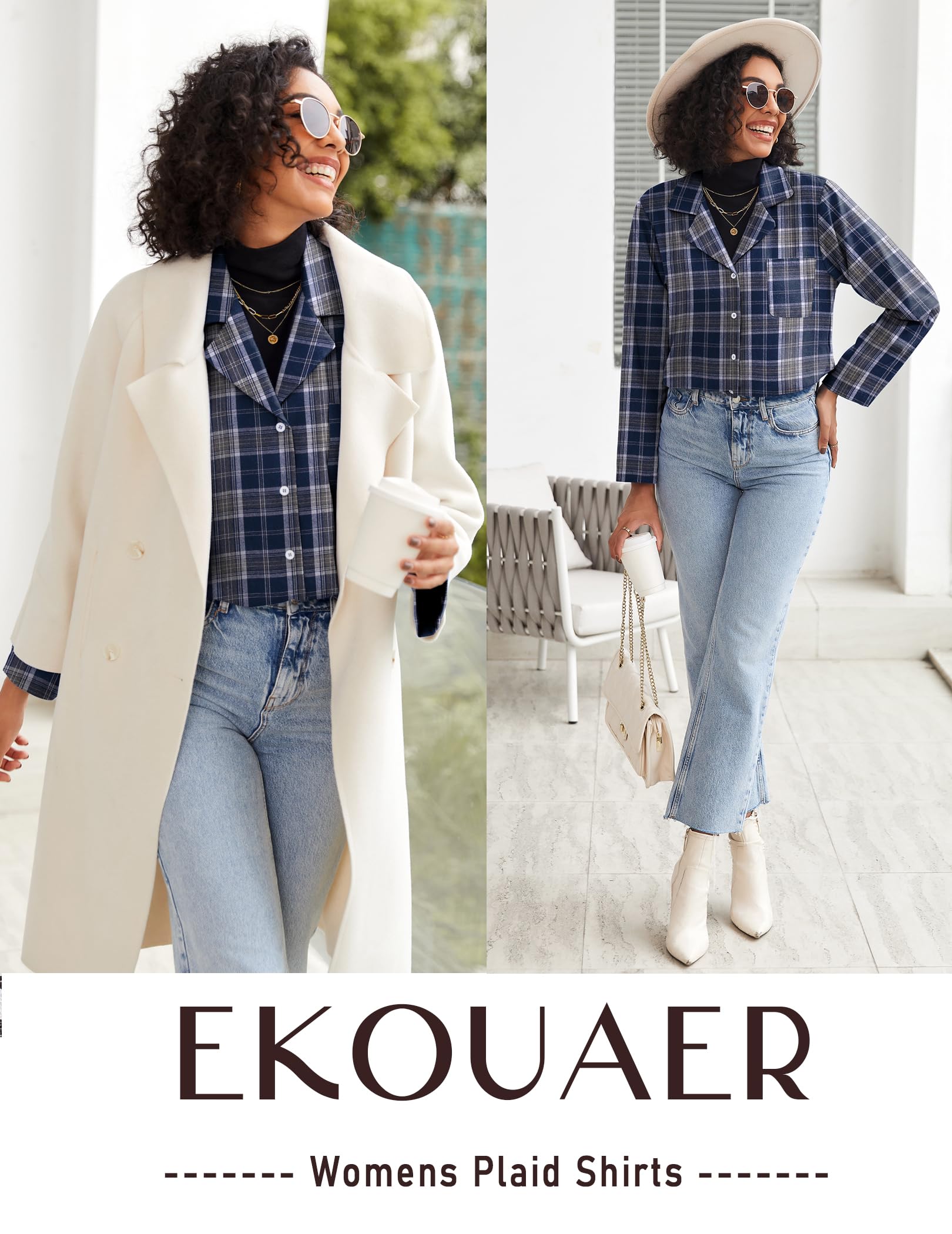 Ekouaer Womens Pajama Sets 2 Piece Cotton Plaid Pjs Long Sleeve Sleepwear Button Down Lounge Set with Pockets