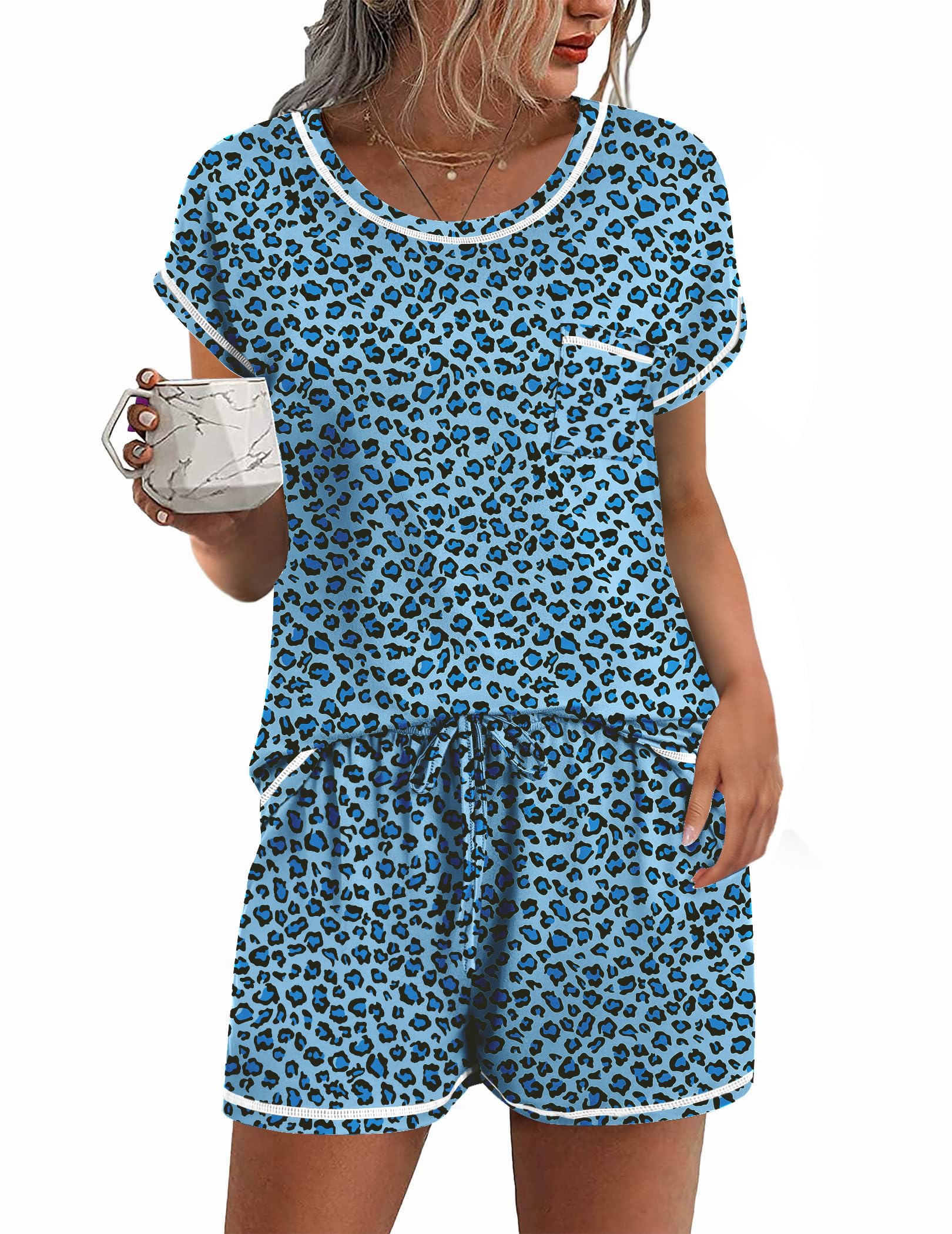 Ekouaer Womens Pajama Sets 2 Piece Soft Short Sleeve Top and Shorts Sleepwear Round Neck Pjs Lounge Set with Pockets