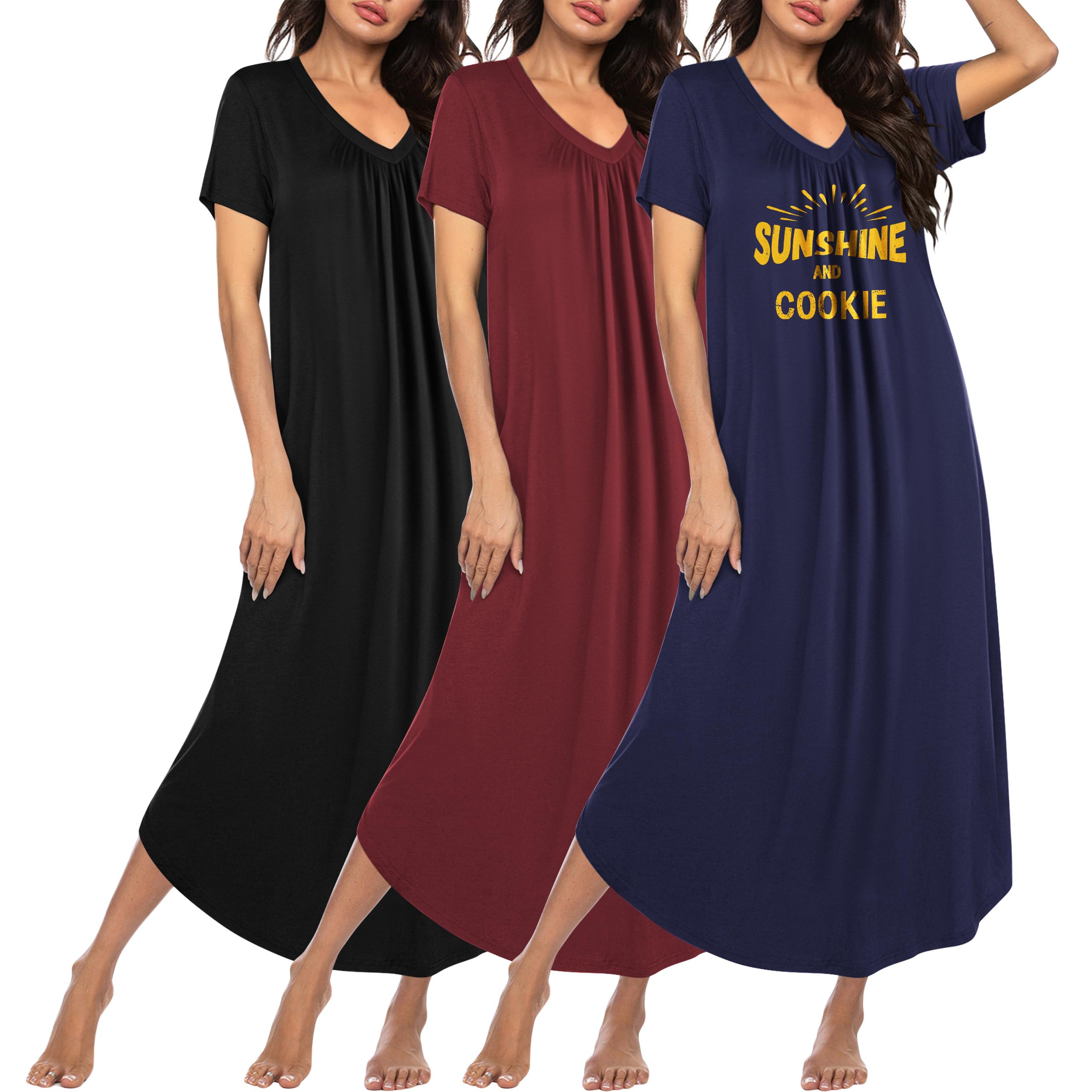 Ekouaer Long Nightgowns for Women 3 Pack House Dress Plus Size Moo Moos | V Neck Night Gowns,Short Sleeve Sleep Dress,Ladies Lounge Dress,Soft Sleep Shirt,Casual Night dress for Sleeping,Daily Wear WEBE CLOTHING