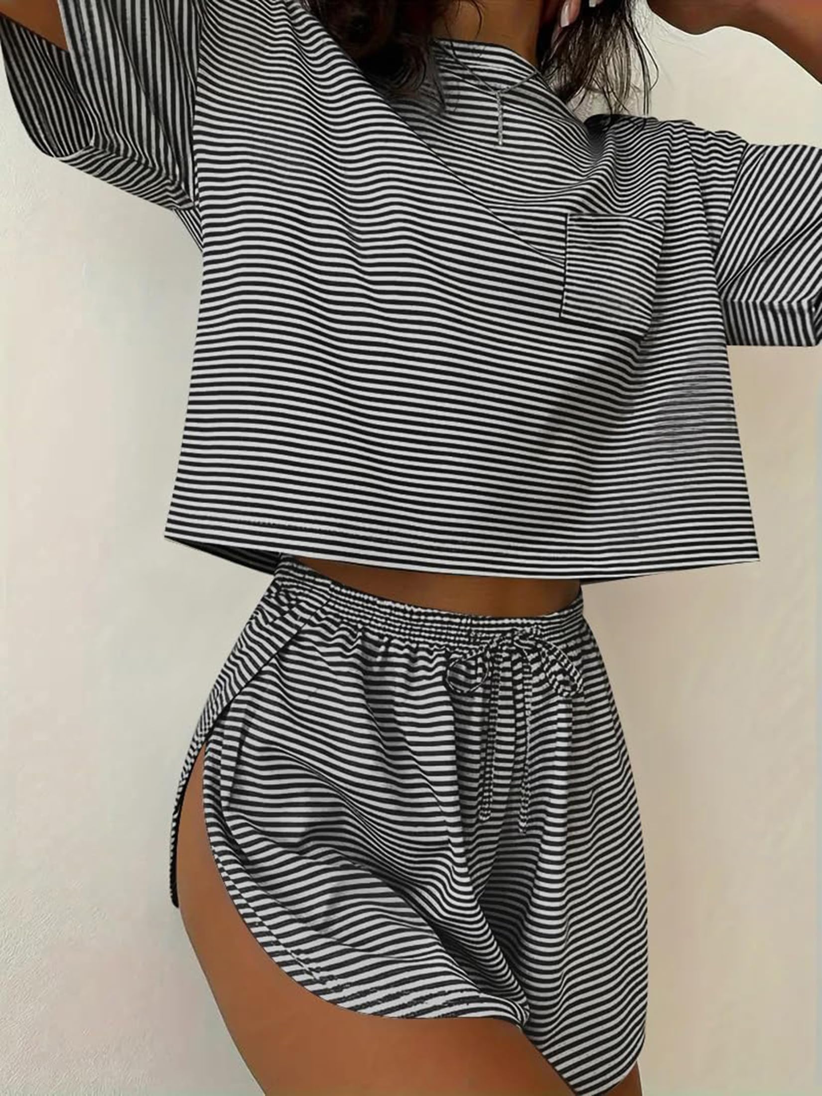 Women's 2 Piece Pajama Set Short Sleeve Sexy Side Split Short Lounge Set Cute Comfy Sleepwear Loungewear