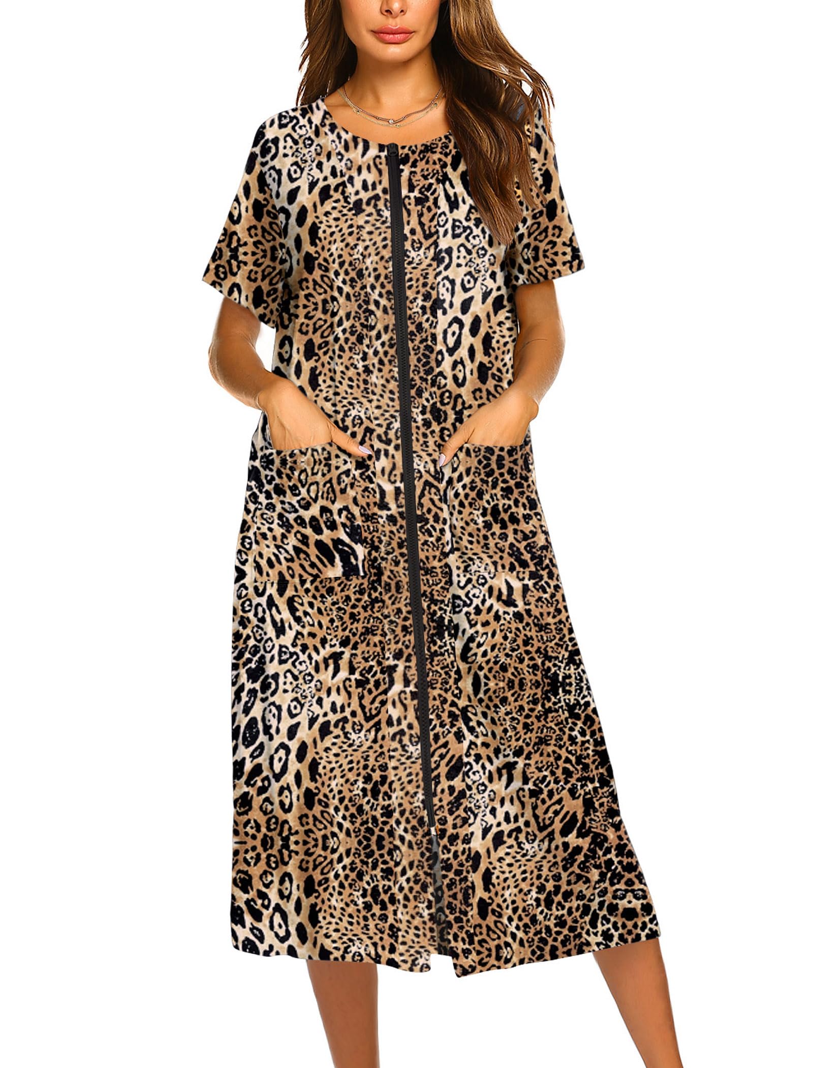 Ekouaer Robes For Women Zipper Bathrobe Short Sleeve Duster With Pockets | Zipper Front House Coat, Lightweight Sleepwear, Plus Size Loungewear, Ladies Nightgown for Mother, Postoperative Gown, Sleep