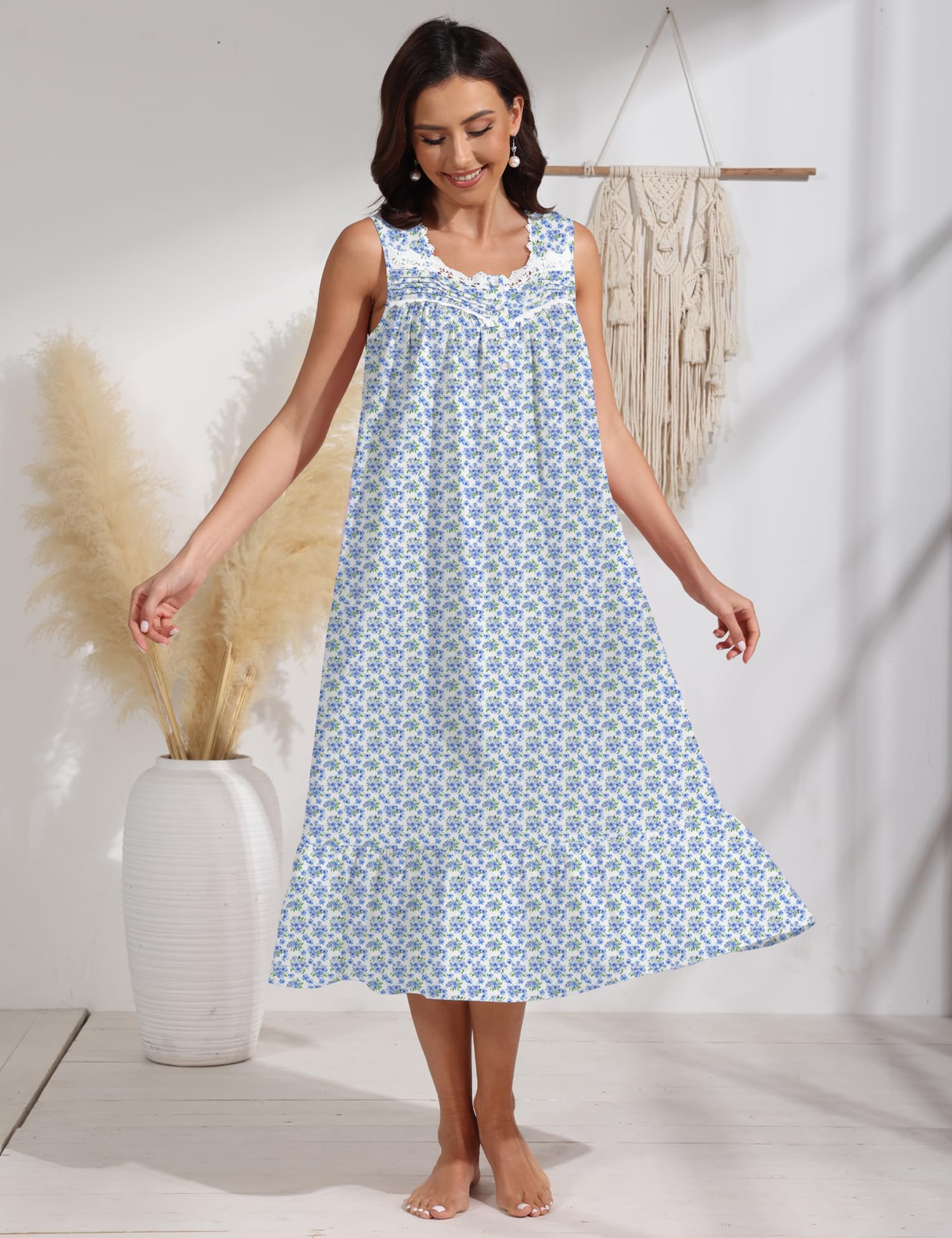 100% Cotton Floral Pearl Snap Nightgown for Women Sleeveless Victorian Sleep Dress Cotton Nightgowns with Pockets WEBE CLOTHING
