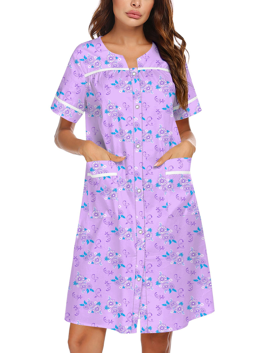 Ekouaer Nightgowns for Women House Dress with Pockets Snap Front House Coat | Duster Mumu Dress, Short Sleeve Moo Moos, Plus Size Sleepwear, Casual Lounge Dress, Labor Delivery Gown, Daily Wear, Home