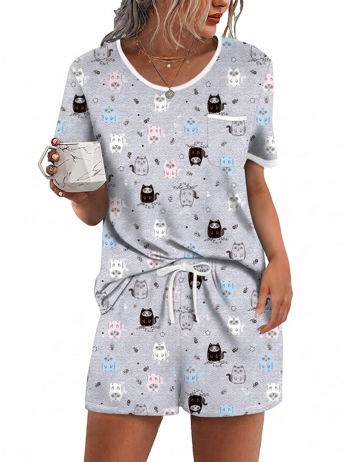 Ekouaer Pajama Set for Women 2 Piece Lounge Set Short Sleeve Tops and Shorts Soft Sleepwear, Chest Pocket