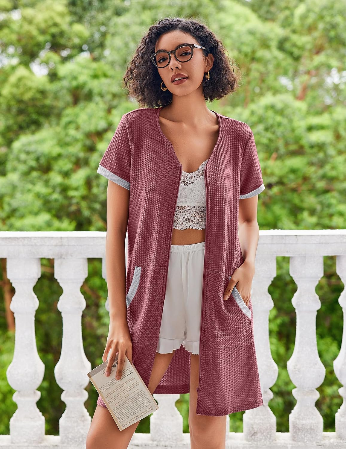 Ekouaer Women Zipper Robe Waffle Short Sleeve Bathrobes Lightweight Knee Length Housecoat with Pockets S-3XL