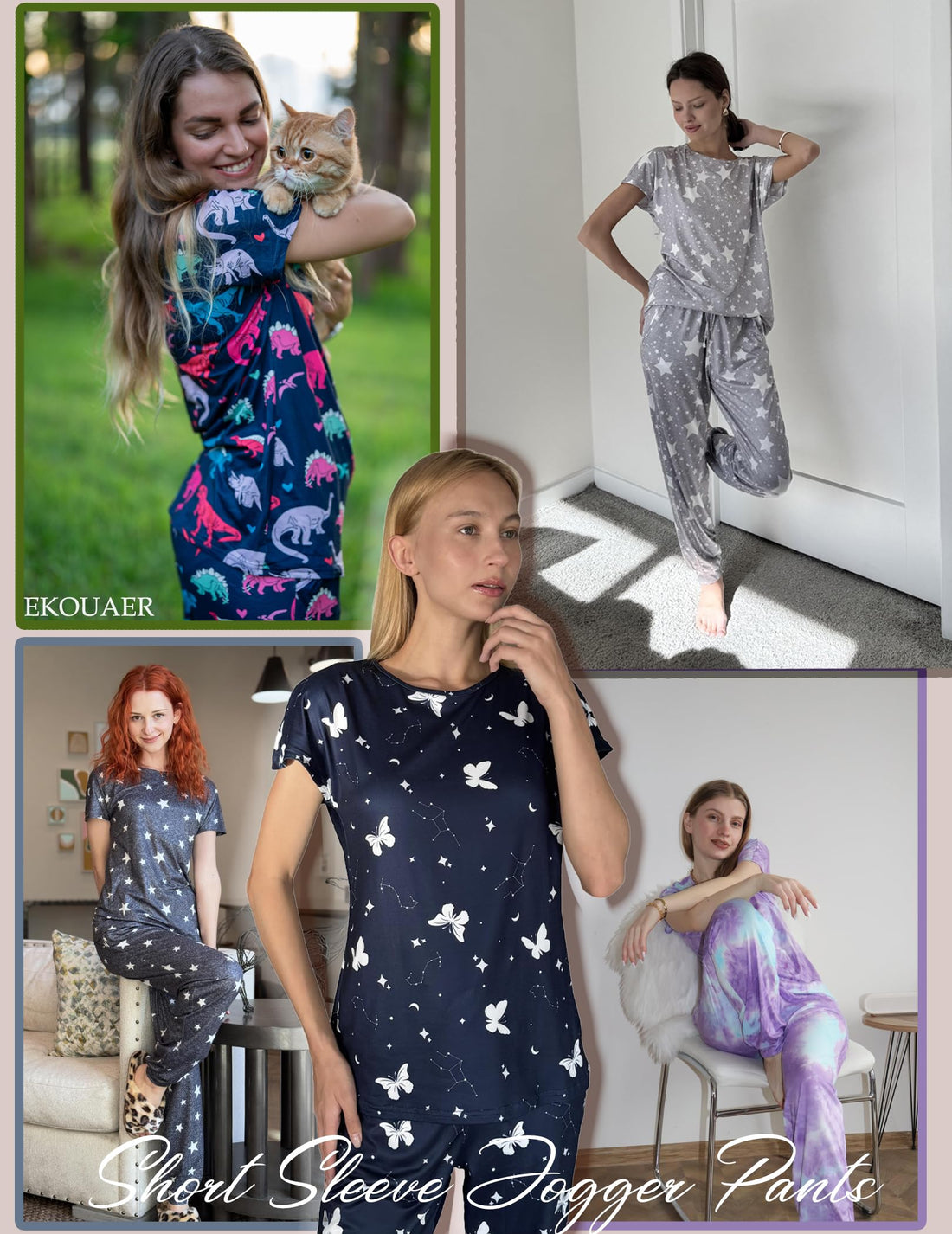 Ekouaer Womens Pajama Sets Short Sleeve Lounge Sets for Women Printed Jogger Pajama Set 2 Piece Pj Sets With Pockets S-XXL WEBE CLOTHING