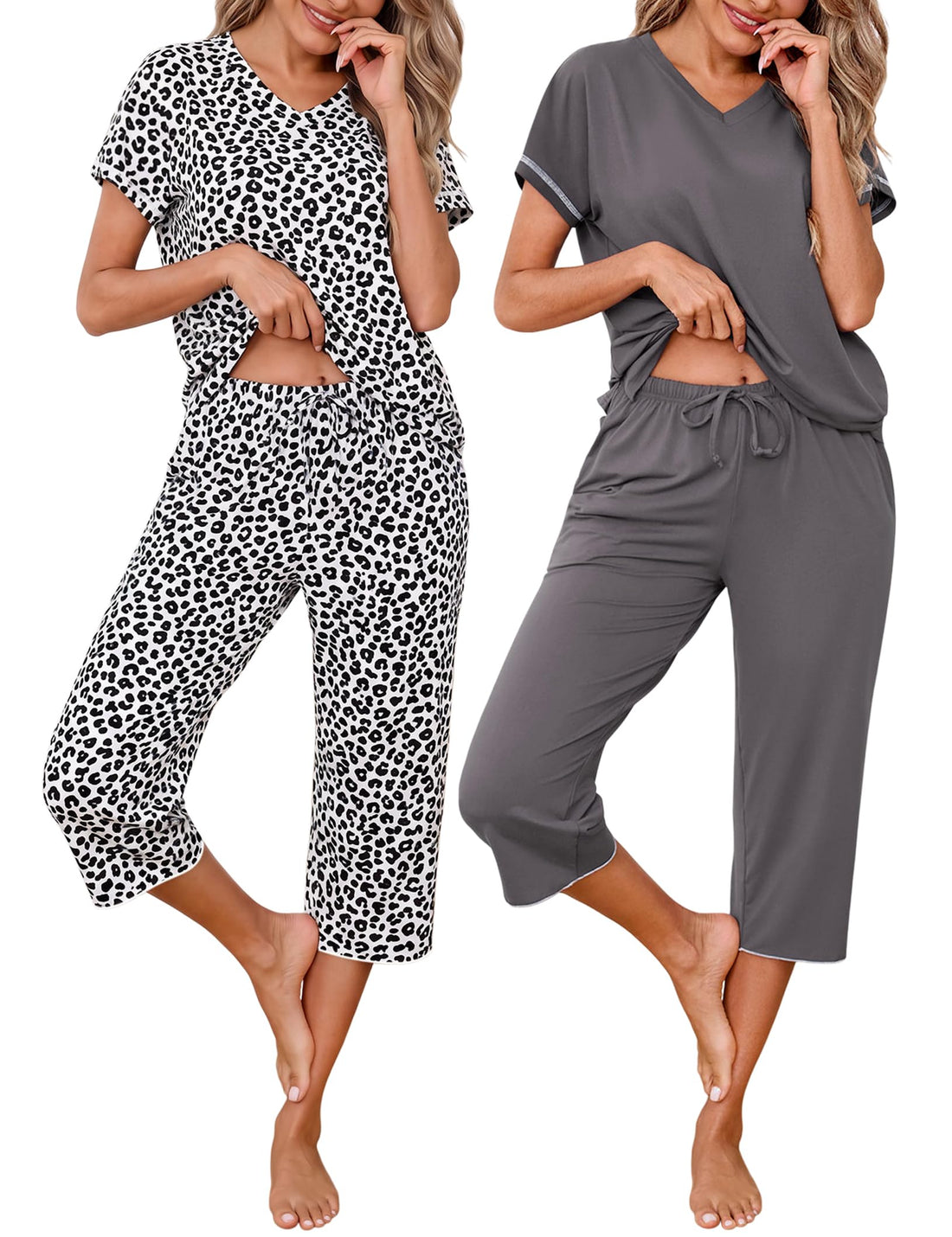 Marvmys Womens 2 Pack Pajama Sets Short Sleeve Sleepwear Capri Pants Pjs | Pockets, Lightweight, Cooling Pyjamas, Nightwear Comfy for Daily Wear, Pajams sets, Sleep, Travel, Wife, Mom WEBE CLOTHING