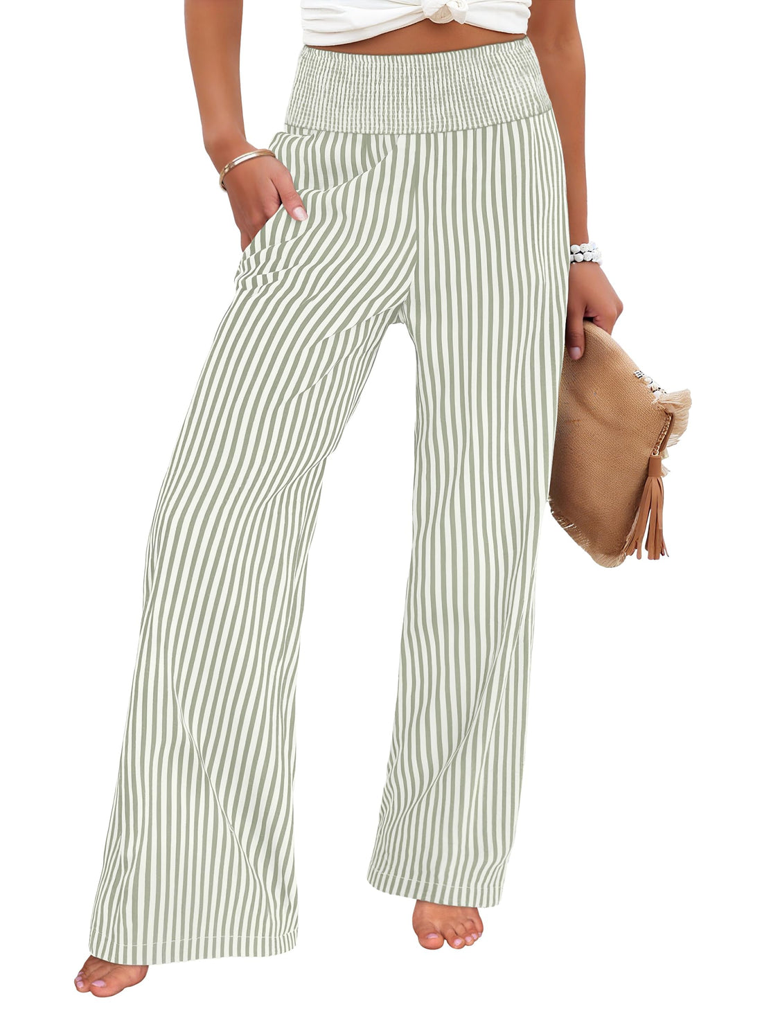 ANRABESS Womens Striped Gingham Palazzo Pants | Wide Leg Smocked High Waisted Pajama Pants, Lounge & Casual, Summer Fall Cute Pants with Pockets