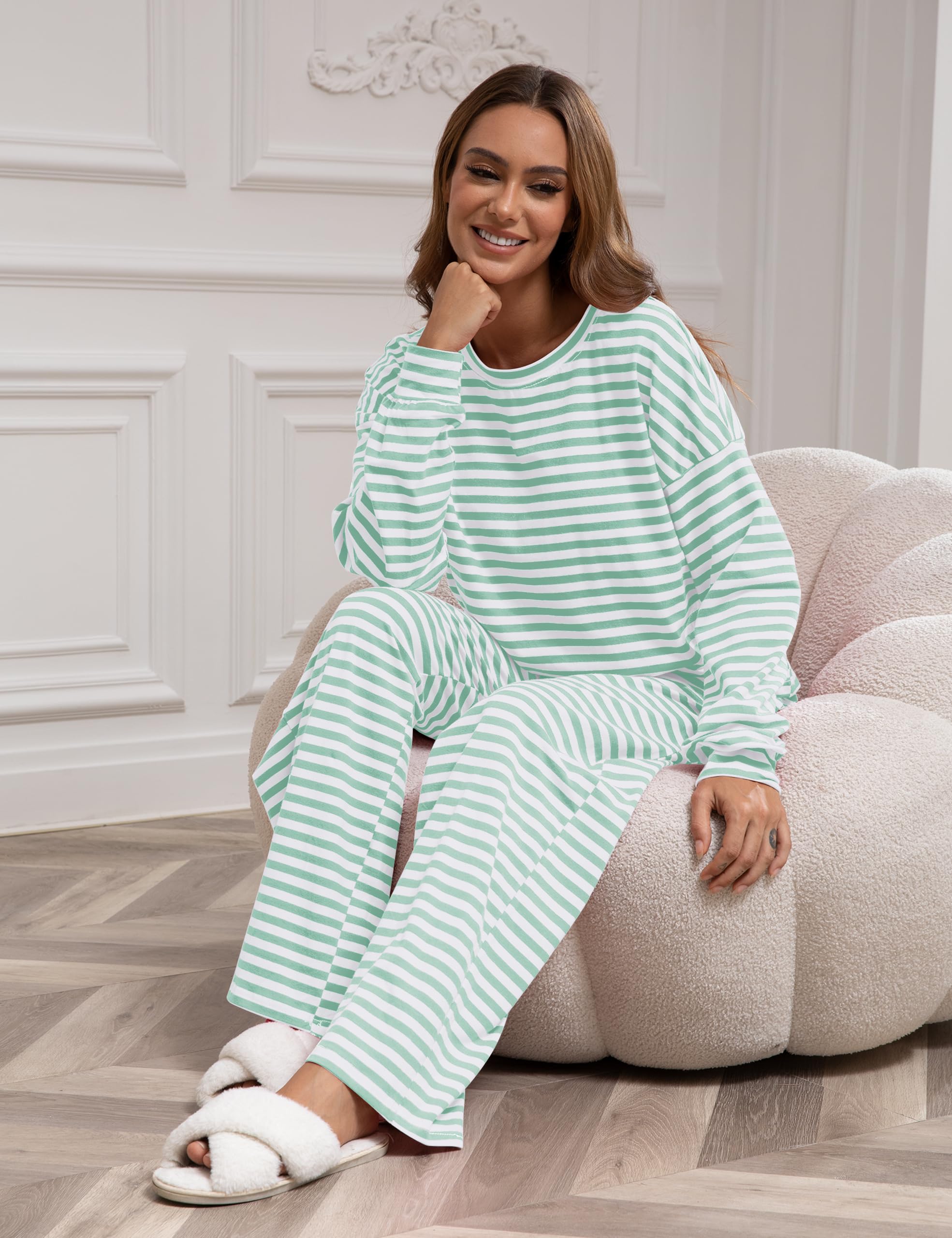 MISSACTIVER Women's Striped 2 Piece Lounge Set Casual Long Sleeve T-Shirt Drawstring Wide Leg Pants Matching Pajamas Set